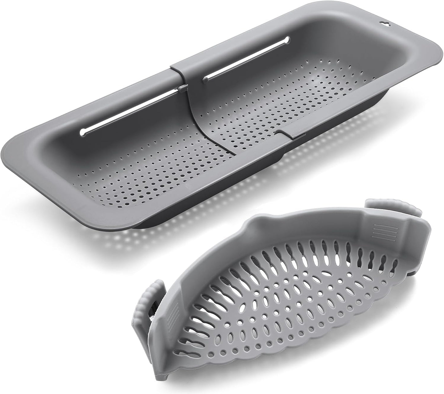 Adjustable Over the Sink Colander Strainer, Silicone Clip On Strainer for Pots Strainers and Plastic Colanders Drainer Basket for Food Pasta Vegetables Kitchen, Extendable 14.5"-19.5", Grey