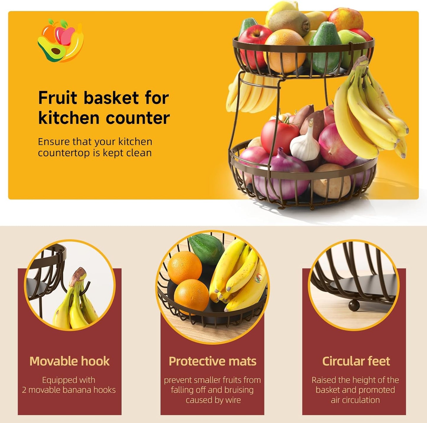 2 Tier Fruit Basket for Kitchen Counter with 2 Banana Hangers, Metal Stackable Fruit Bowl for Kitchen Counter for Bread Vegetable Fruits, Brown