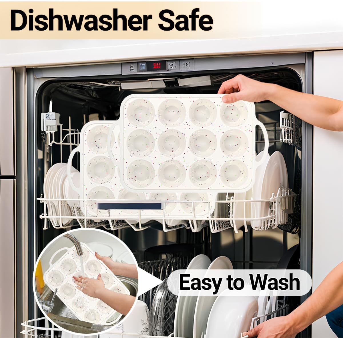 FUNBAKY Silicone Muffin Pans for Baking, Metal Reinforced Frame 12 Cups Regular Size Silicone Cupcake Pan Nonstick Muffin Tin for Baking Muffin, Cupcake, Frittatas,BPA Free, Dishwasher Safe