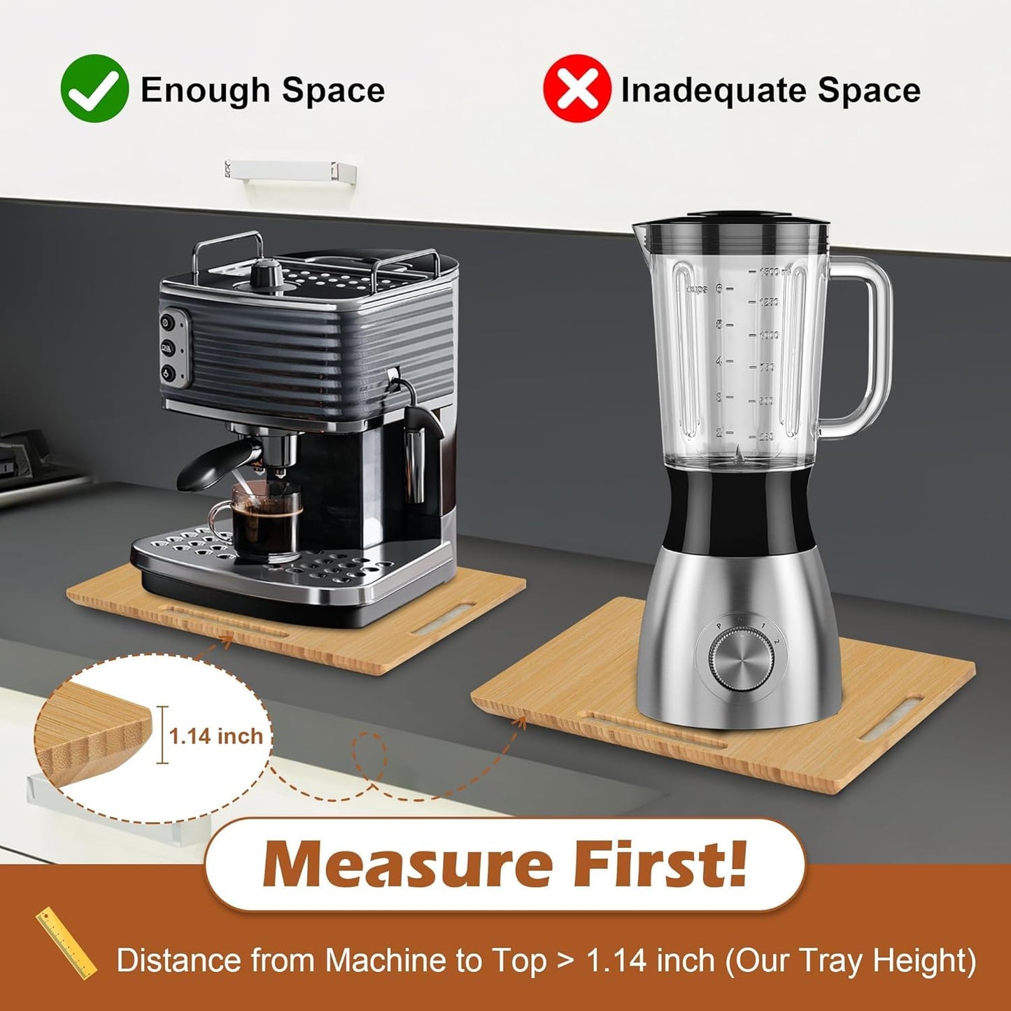 Joy&Grace Appliance Slider for Kitchen Appliances 360° Rolling Sliding Tray for Coffee Maker Countertop, Bamboo Coffee Pot Slider Rolling Tray (Natural, Medium 14.5" x 10")