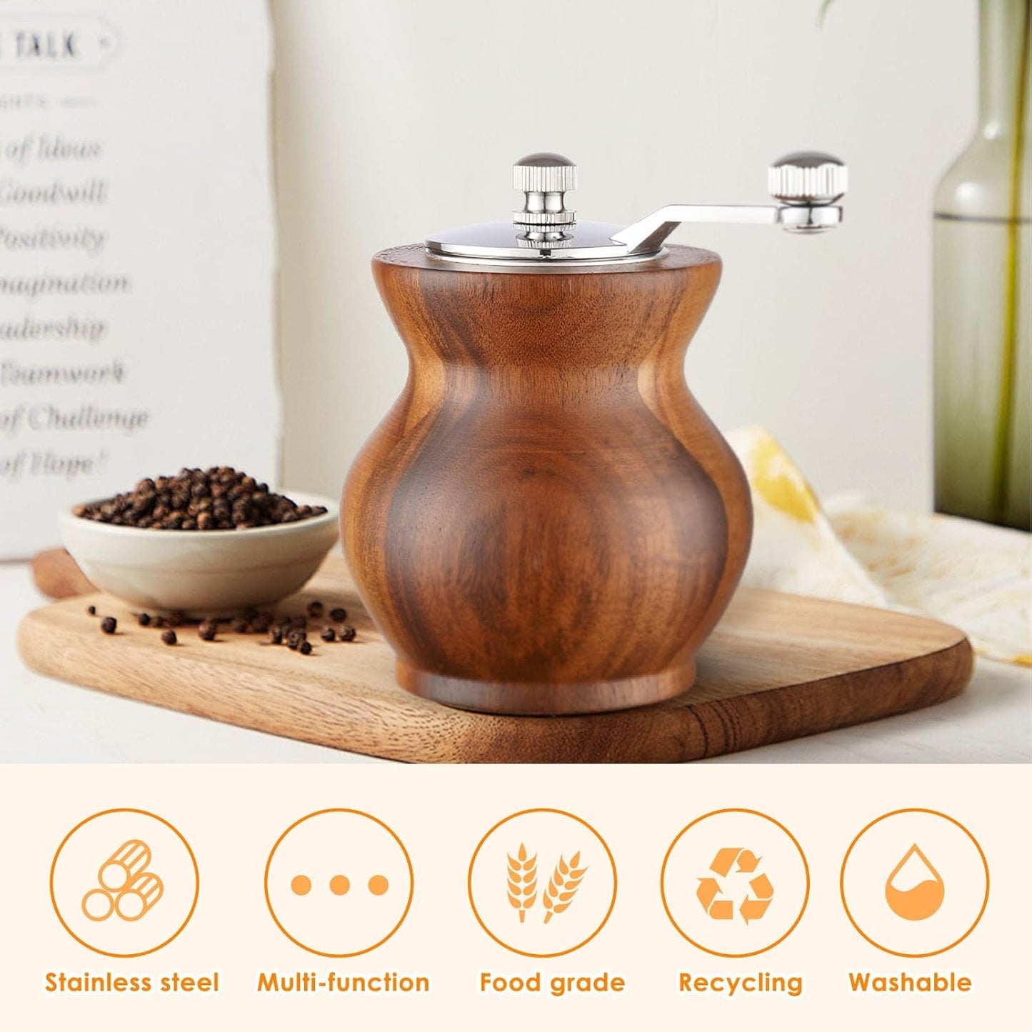Pepper Grinder, Classical Hand Shake Wood Pepper Mills for Kitchen, Manual Wooden& Acrylic Pepper Grinder Hand Crank Salt Mill with Adjustable Coarseness, Great for Pepper, Sea Salt, Sesame