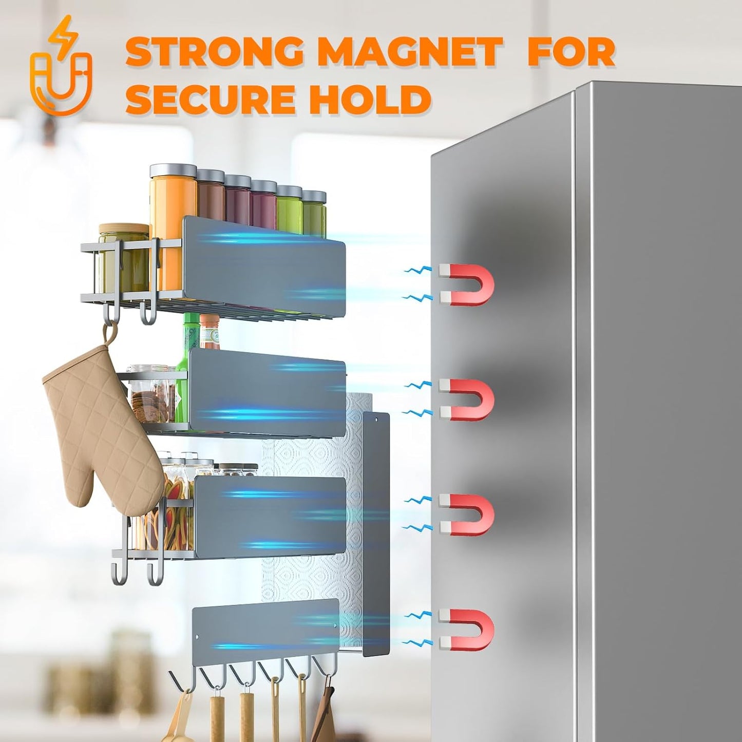 5 Pack Multifunctional Magnetic Shelves for Refrigerator Spice Rack & Washing Machine Organize, Include Paper Towel Holder, Kitchen Utensil Hanger and Hooks, Strong Magnet for Secure Hold (Gray)