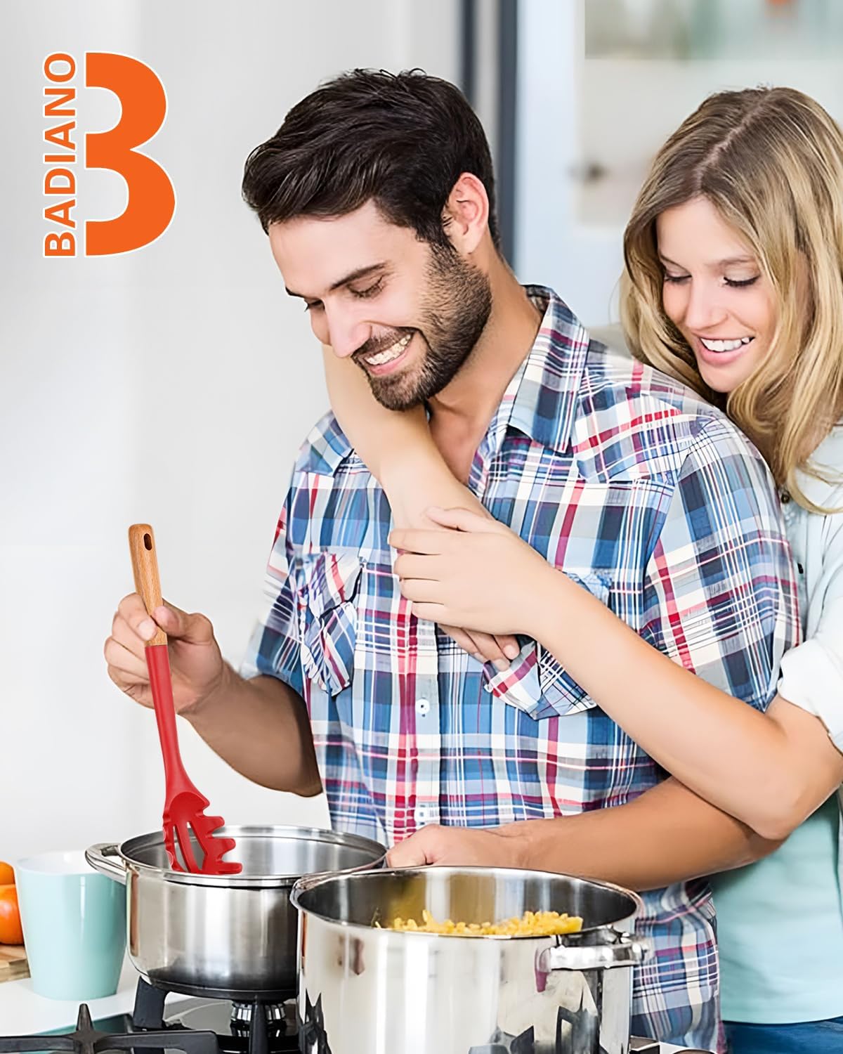 Silicone Pasta Fork, Kitchen Heat Resistant Noodle Spoon Server, BPA Free Spaghetti Strainer,12.8 inch (RED)