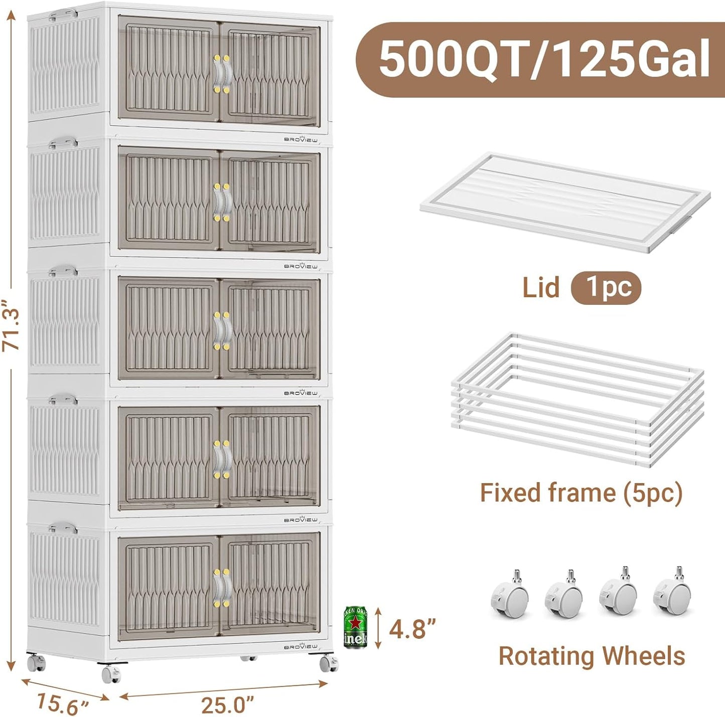 500Qt Stackable Storage Bins with Lid, Extra Large Closet Organizer Collapsible Drawer Boxes with Wheels, Folding Plastic Cabinet Containers for Home Kitchen Room Organization, 5Pack White