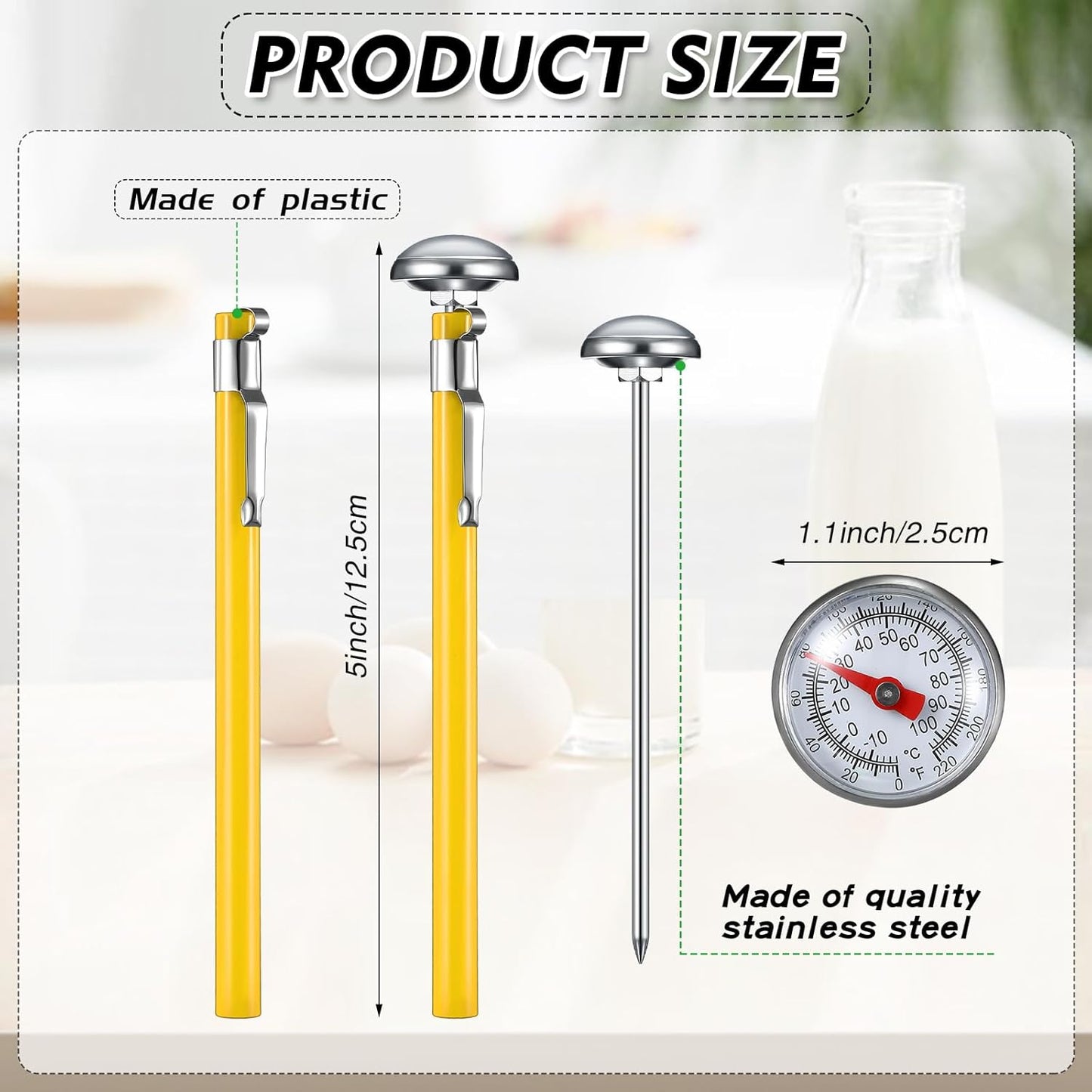 Xuhal 6 Pcs Stainless Steel Kitchen Thermometer with 5 Inch Long Stem 1 Inch Dial Thermometer Milk Frothing Food for Oven Probe Meat Grill BBQ Cooking Chocolate Water(Yellow)