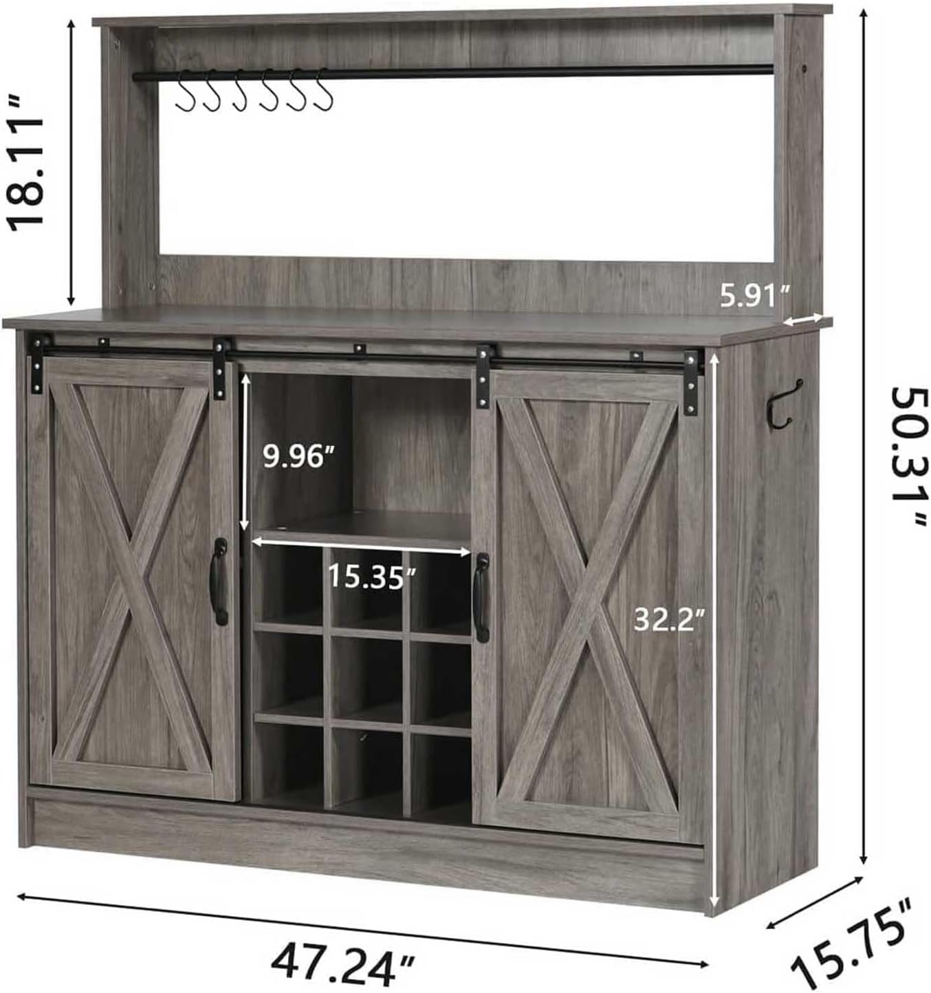 4ever2buy Farmhouse Coffee Bar Cabinet with Hutch and 6 Hooks, 47 Inch Wine Bar with Storage, Buffet Cabinet with Adjustable Shelves&9 Wine Racks, Kitchen Buffet Cabinet for Dining Living Room, Grey