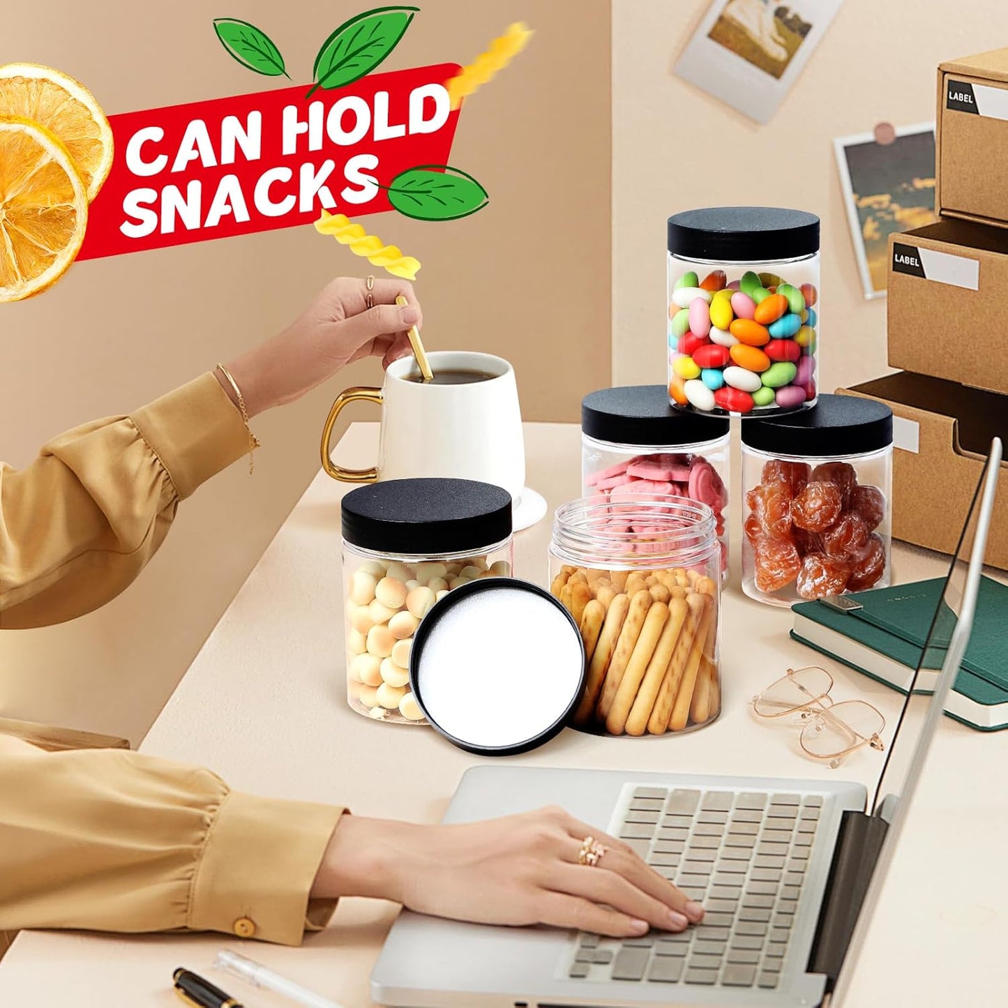 48 PCS 8 OZ Plastic Jars with Screw On Lids,Labels Refillable Empty Round Slime Containers for Storing Dry Food, Honey Jam, Cream, Butter, Lotion, black