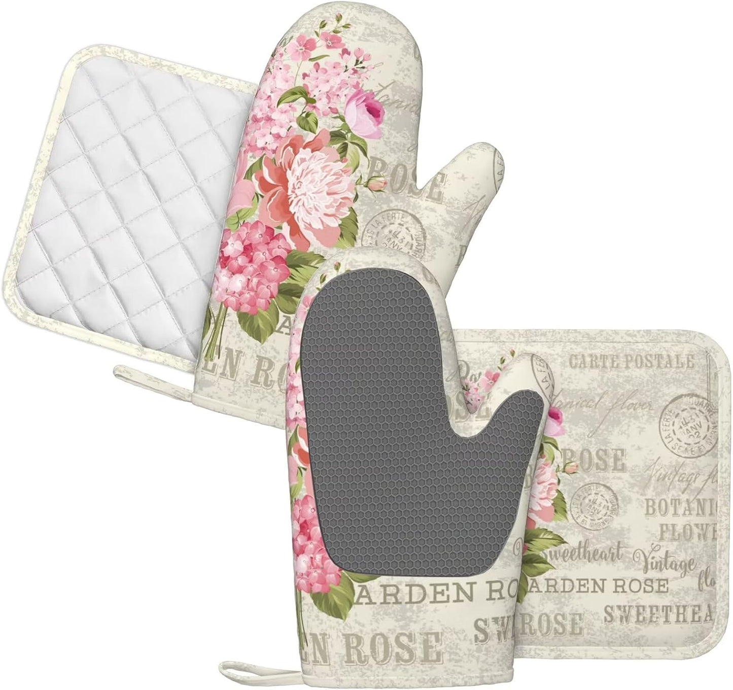 Rose Leaf Vintage Oven Mitts and Pot Holders 4 pcs Set Silicone Flowers Elegant Postcard Rose Kitchen Oven Mitt Gloves Pot Holders Non-Slip Heat Resistant Cooking Mitts Set for Kitchen BBQ