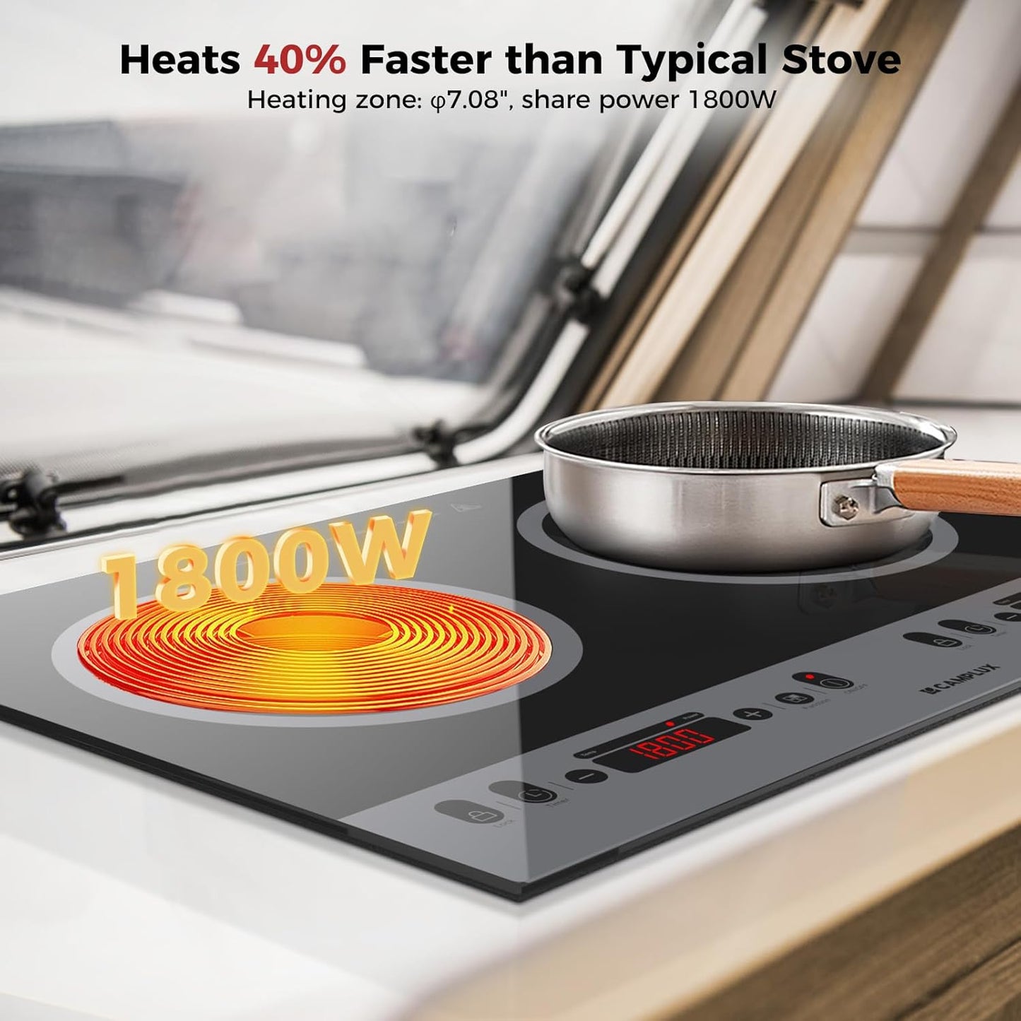 CAMPLUX RV Induction Cooktop 2 Burners 1800W, Electric Cooktop 120V Plug in, Portable Induction Stove with Sensor Touch, Timer, Safety Lock, Countertop/Built-in for RV, Mini Kitchen or Apartments