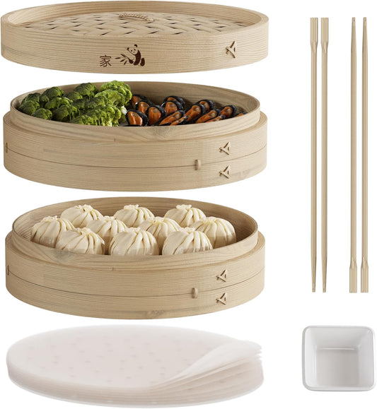 Prime Home Direct Bamboo Steamer Basket 12-Inch | 2-Tier Steamer for Cooking | 50 Liners, Chopsticks, Sauce Dish | Steaming Asian Food, Bao Buns, Chinese, Dim Sum, Dumpling, Rice, Vegetable Steam Pot