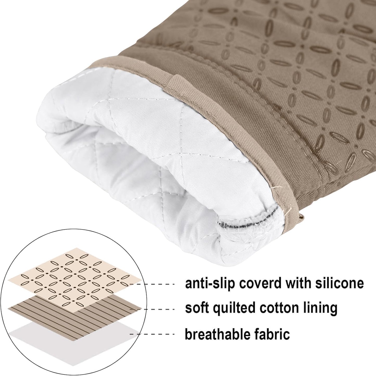 KEGOUU Oven Mitts and Pot Holders 6pcs Set, Kitchen Oven Glove High Heat Resistant 500 Degree Extra Long Oven Mitts and Potholder with Non-Slip Silicone Surface for Cooking (Khaki)