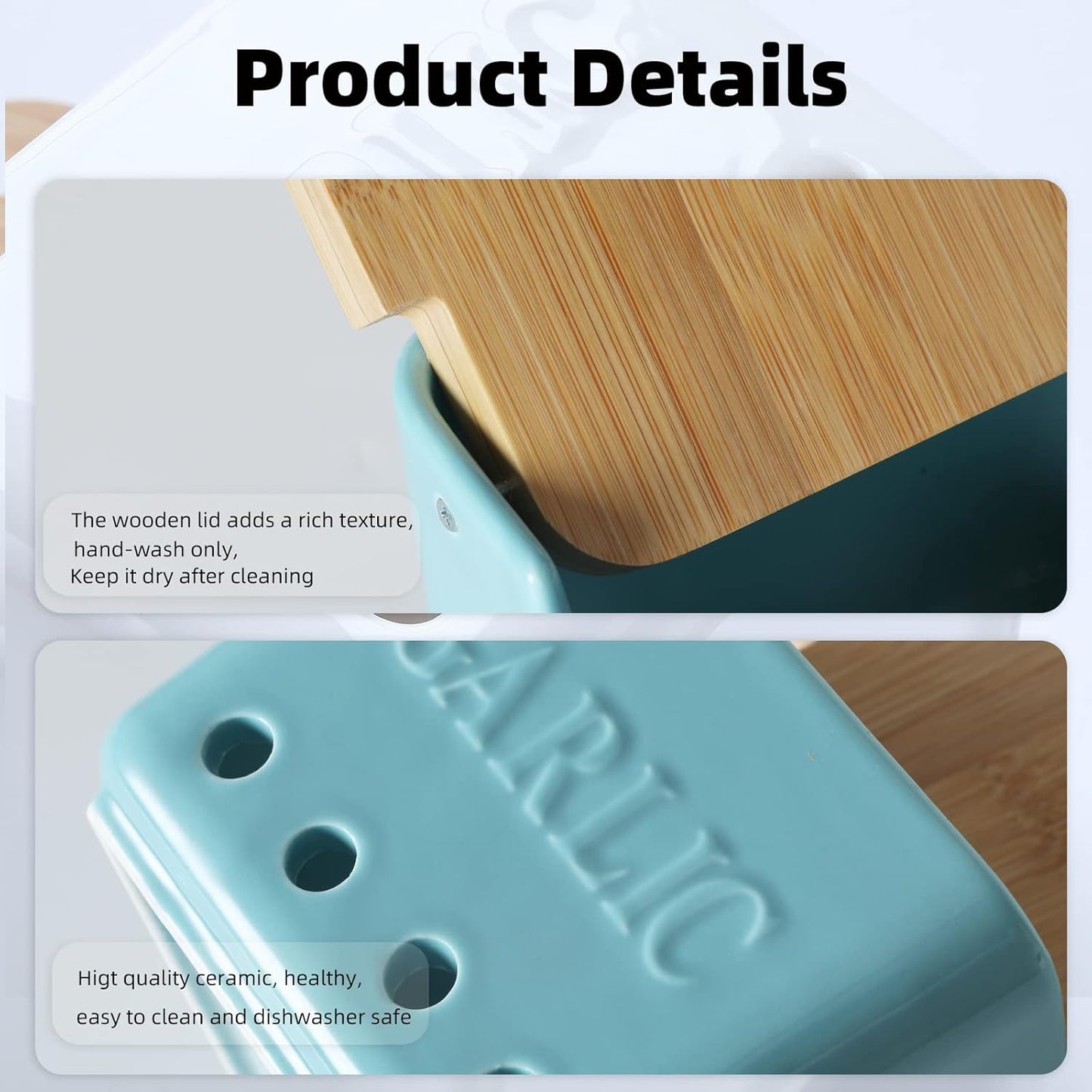 ONTUBE Garlic Keeper with Lid, Ceramic Garlic Holder Storage, Garlic Container for Kitchen, Garlic Saver to Keep Your Garlic Cloves Fresh Longer 4.7-Inch, Turquoise