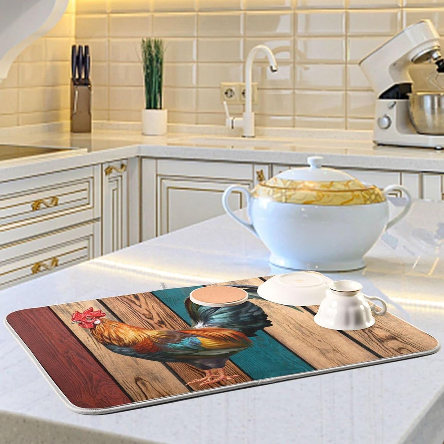 Rooster Dish Drying Mat for Kitchen Counter Farmhouse Absorbent Microfiber Drying Pad, Medium 16x18 in, Reversible Drainer Mats