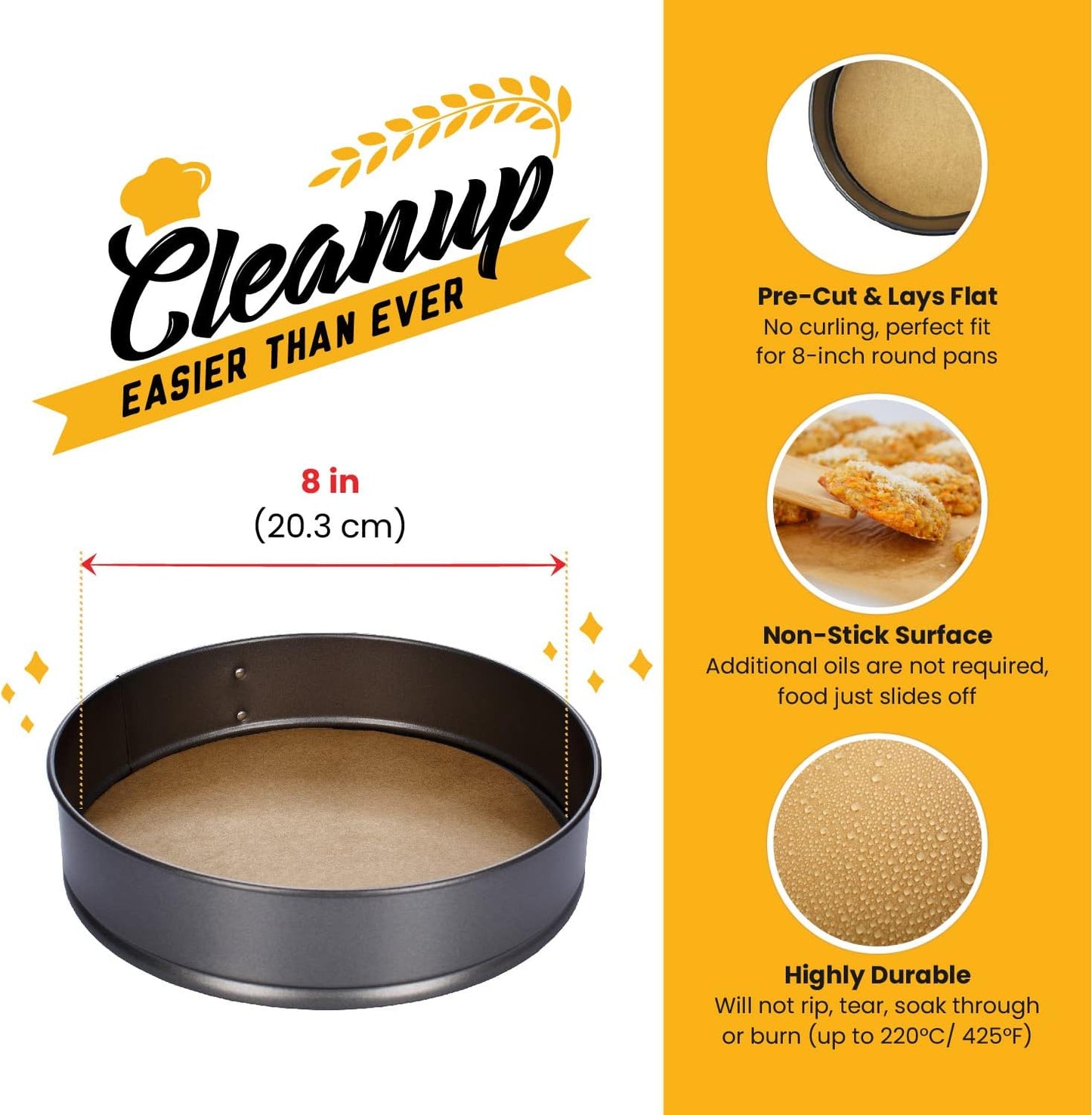 [220 Liners] Heavy Duty 8 Inch Parchment Rounds Paper Baking Sheets | Precut Silicone Coated & Unbleached – Will Not Curl or Burn – Non-Toxic & Comes in Convenient Packaging