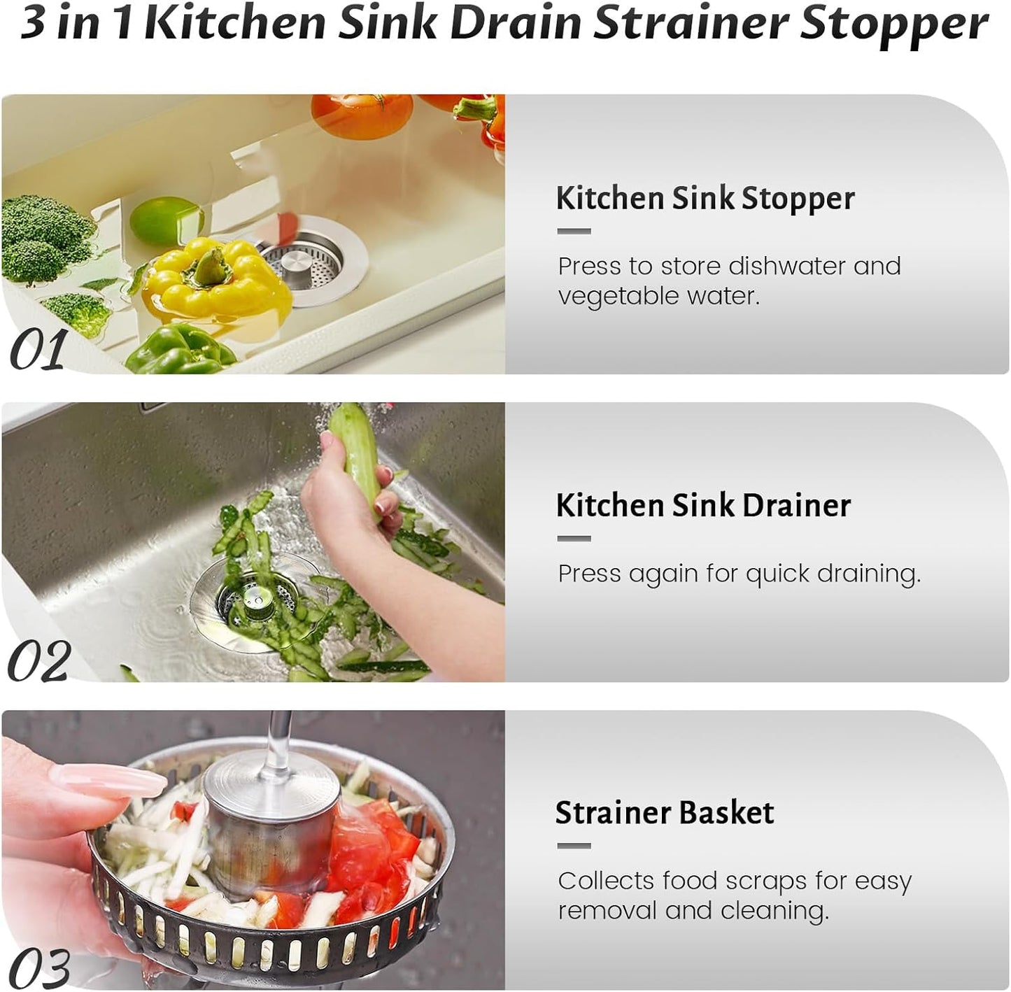Kitchen Sink Drain Strainer – 304 Stainless Steel 3-in-1 Pop Up Design, Anti-Clogging Sink Strainer Basket for US Standard 3.5" Kitchen Drain, Water Storage & Debris Filter