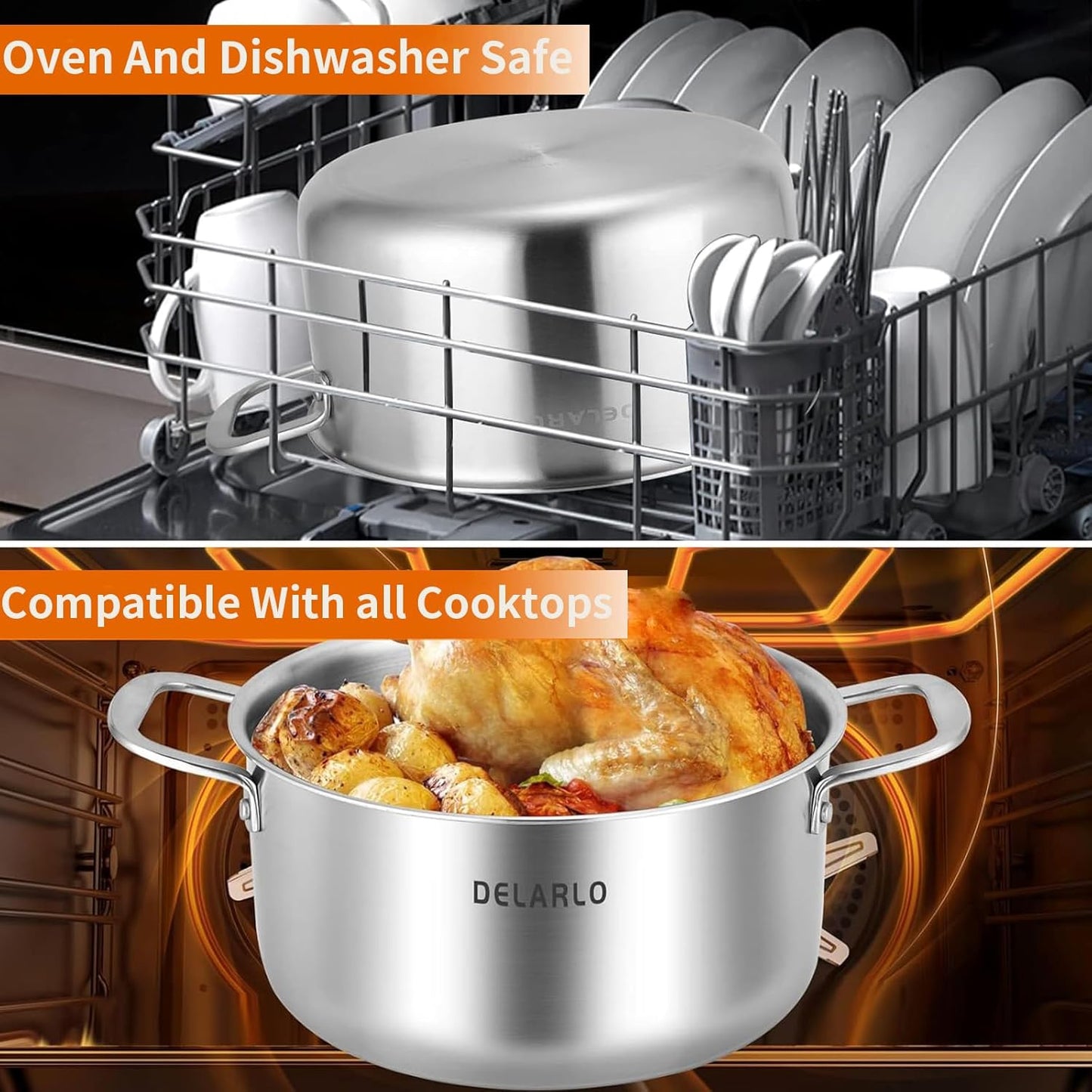 DELARLO Tri-Ply Stainless Steel 6QT Pot with Lid, Induction Ready, 6 Quart with Lid, Durable, Noodle Pot, 18/10 Heavy Duty for Cooking, Suit for All Stove, Up to 600℉(Lids 300℉)