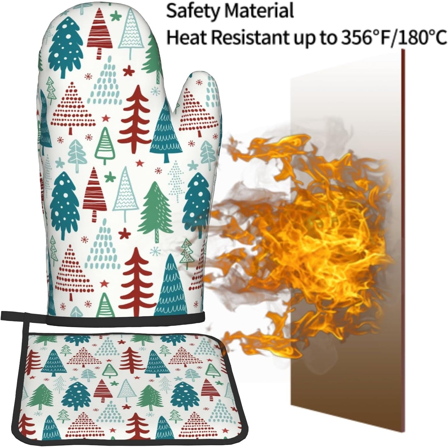 Pine Tree Oven Mitts and Pot Holder Set of 2 Winter Xmas Washable Kitchen Heat Resistant Gloves for Microwave BBQ Cooking Baking Grilling