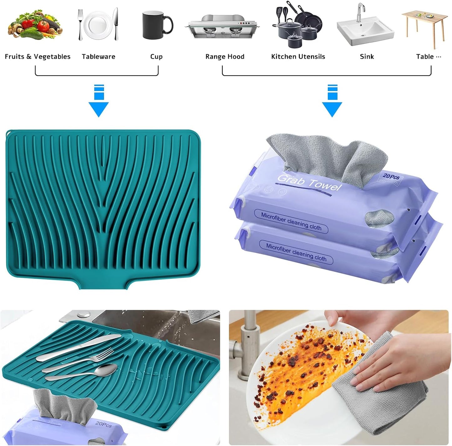 Silicone Dish Drying Mat, Stone Drying Mat for Kitchen Counter with Built-in Drain, Non-Slip 15.8" X 13" Drying Matt Kitchen Counter and Grey Microfiber Cleaning Cloth, Cleaning Rags Set(Green)