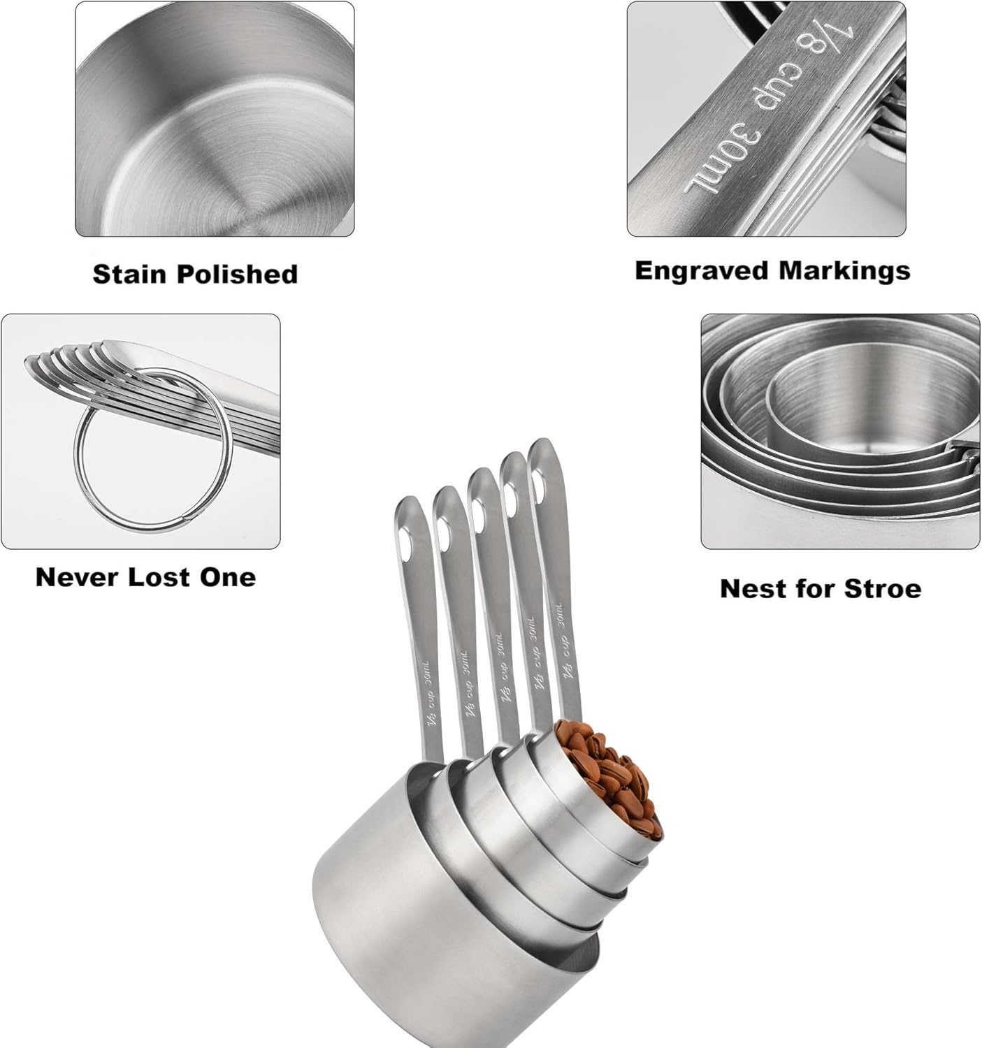 Measuring Cups Set, 18/8 Stainless Steel Measuring Cups Set 5, Metal Measuring Cups for Baking, Both Imperial & Metric Measuring Cups for Liquid and Dry, Nesting Kitchen Measuring Tools
