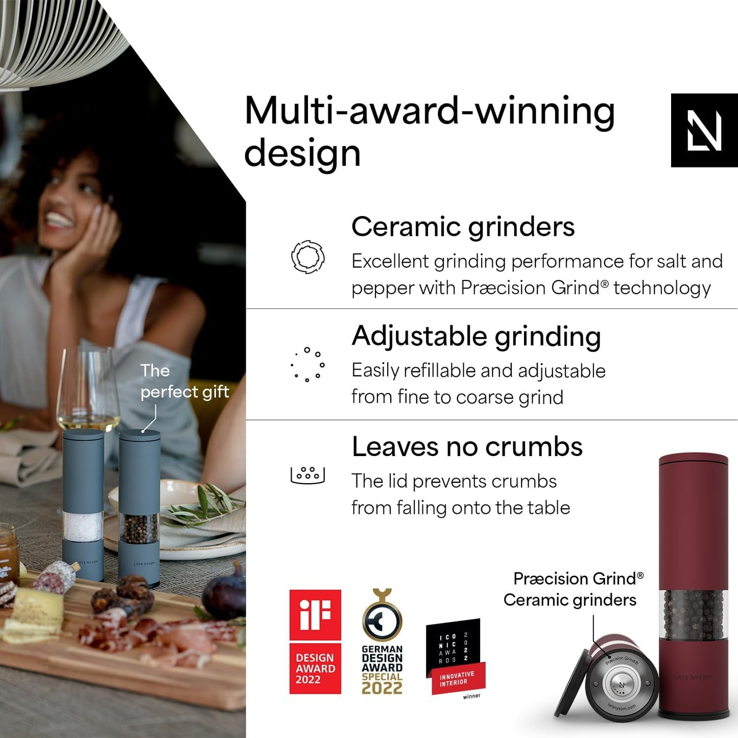 LARS NYSØM Salt and Pepper Grinder Set Manual, Stainless Steel Salt and Pepper Mills with Adjustable Ceramic Grinder I Design Spice Shakers (Berry Red)