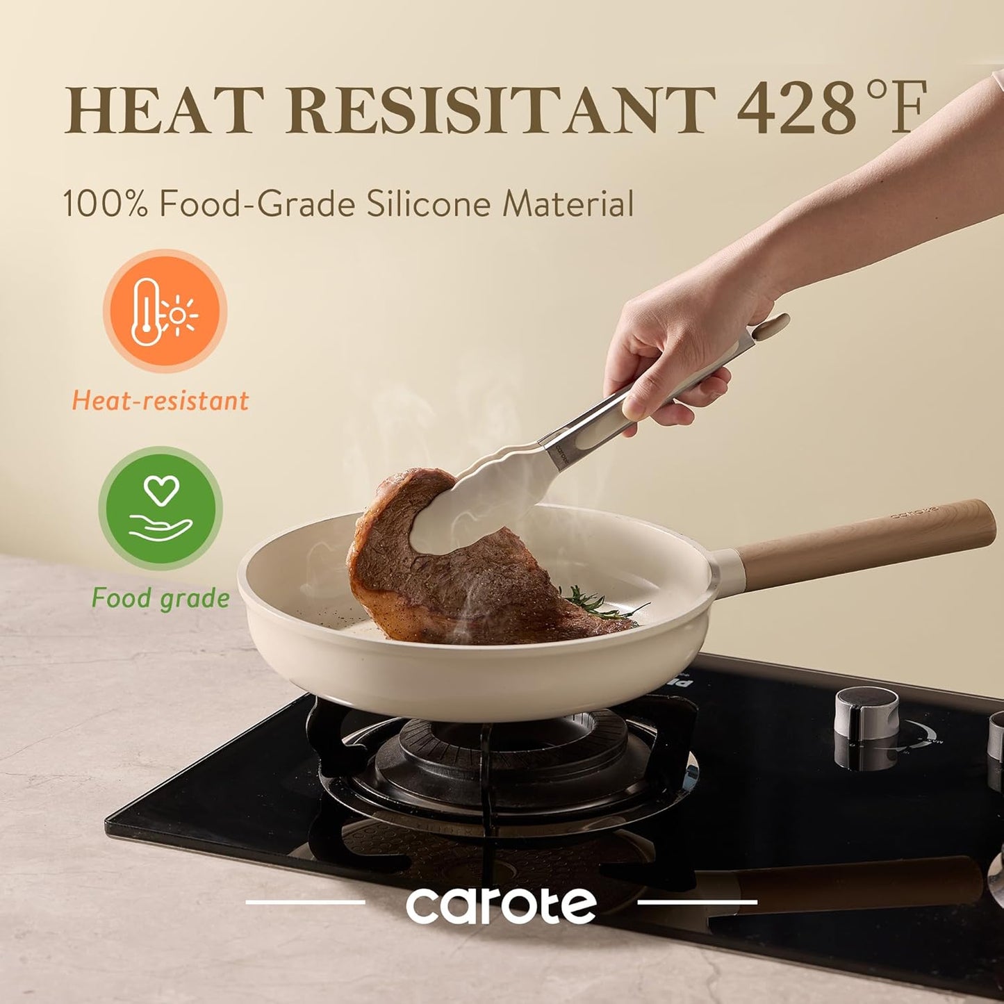 CAROTE Tongs for Cooking 428ºF Heat Resistant Locking Stainless Steel Kitchen Tongs with Non Scratch Silicone Tips, Perfect for Nonstick Cookware, BBQ Tongs Set of 3 (7"+9"+12")