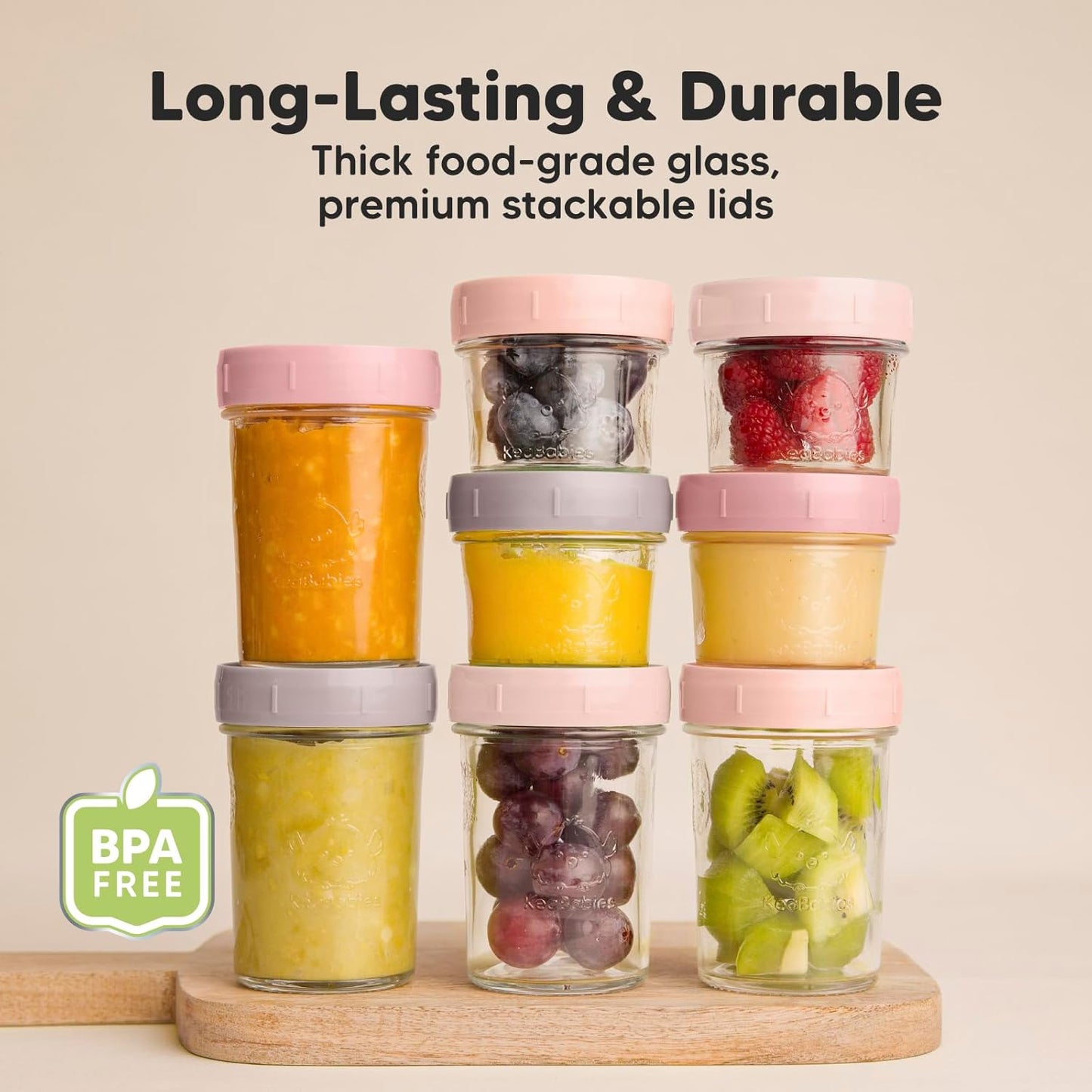 KeaBabies 4pk 8oz & 4pk 4oz Glass Baby Food Containers with Lids - Leak-Proof, Microwavable Small Glass Jars, Baby Purees & Toddler Snack Storage Containers,BPA-Free,Dishwasher & Freezer Safe(Roseate)