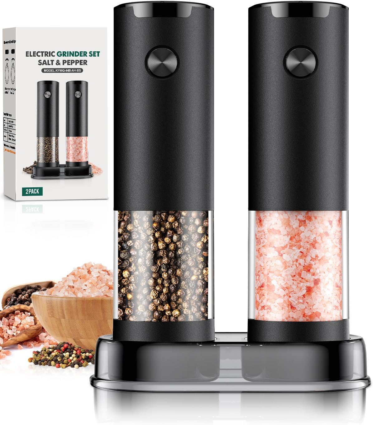 Electric Salt and Pepper Grinder Set Automatic Battery Pepper Mill Shakers Adjustable Coarseness Easy Filling Upgraded Larger Capacity with Led (2 Pack Black/Black）