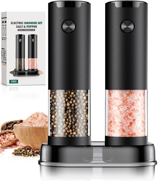 Electric Salt and Pepper Grinder Set Automatic Battery Pepper Mill Shakers Adjustable Coarseness Easy Filling Upgraded Larger Capacity with Led (2 Pack Black/Black）