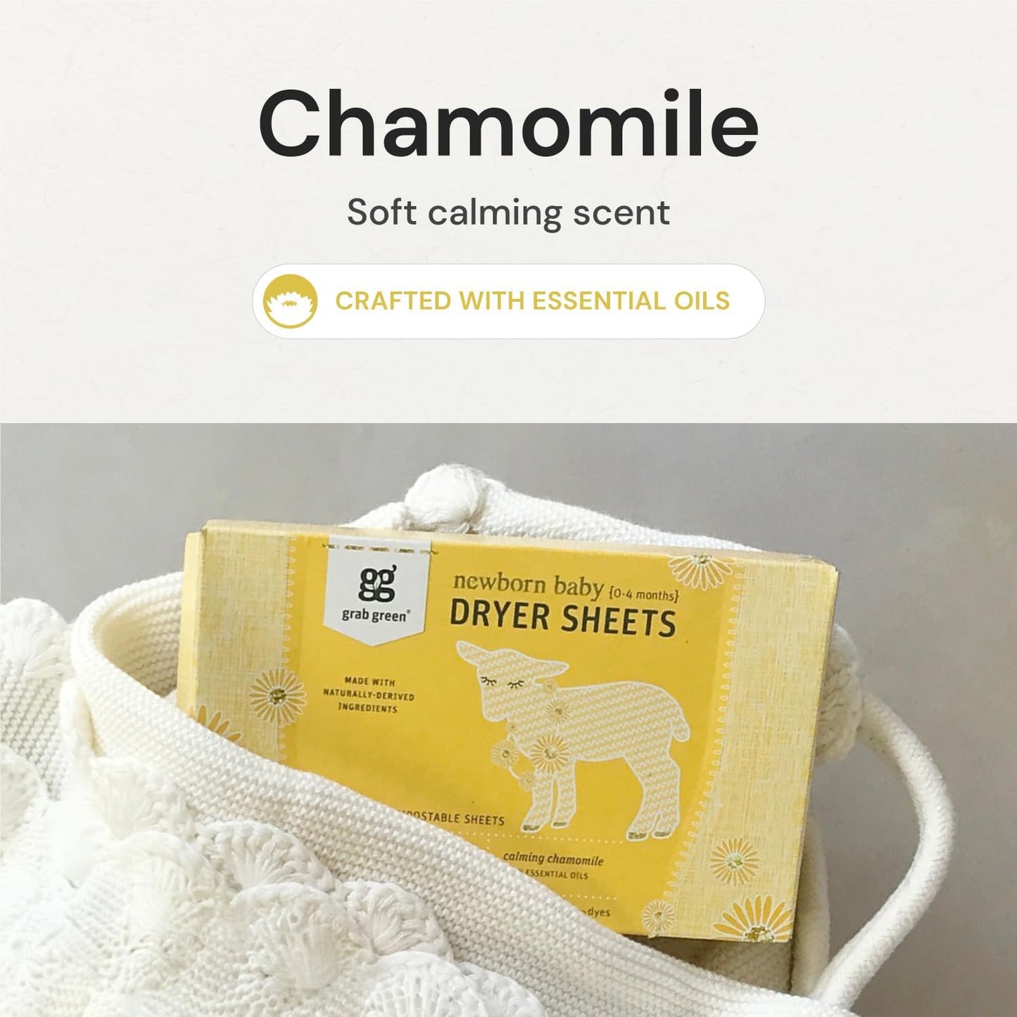 Grab Green Newborn Baby Dryer Sheets, 120 Sheets, Chamomile Scent, Plant and Mineral Based, Compostable, Softens Clothing and Linens, Reduces Static Cling