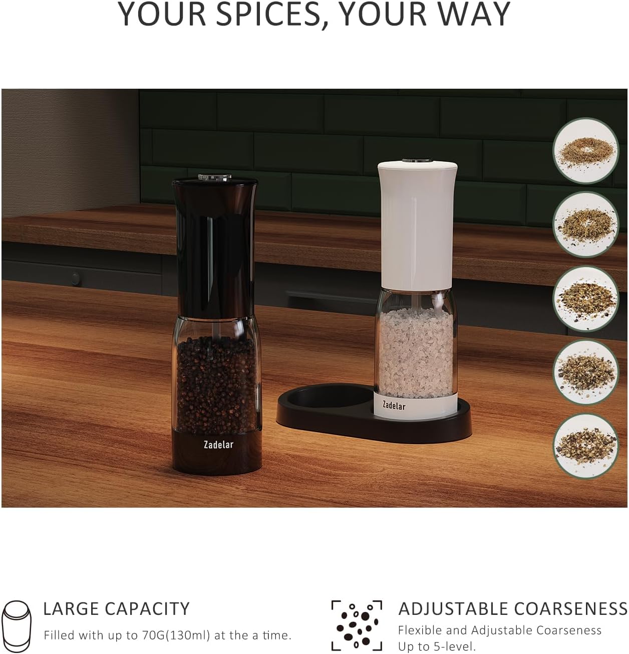 Salt and Pepper Grinder Set with LED Power Display Larger Capacity Salt and Pepper Shakers Set Rechargeable Electric with Flexible Coarsenes LED Light One Hand Operation for Kitchen(White+Black)