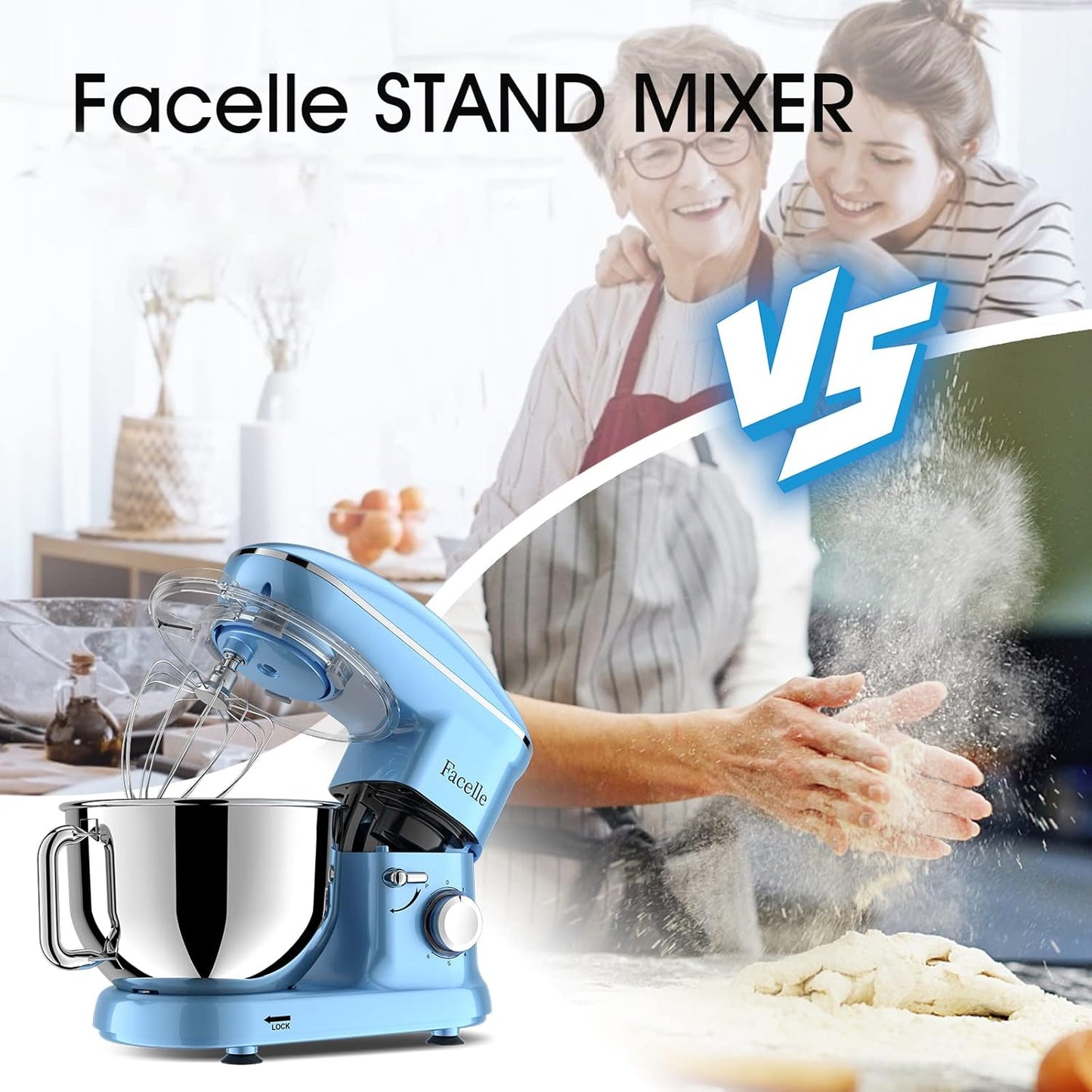 Facelle Stand Mixer, Electric Kitchen Mixer, 660W 6 Speed Tilt-Head stand mixer with Pulse, Attachments include 6.5QT Bowl, Dishwasher Safe Beater,Dough Hook,Whisk for Dough,Baking,Cakes,Cookie - Blue