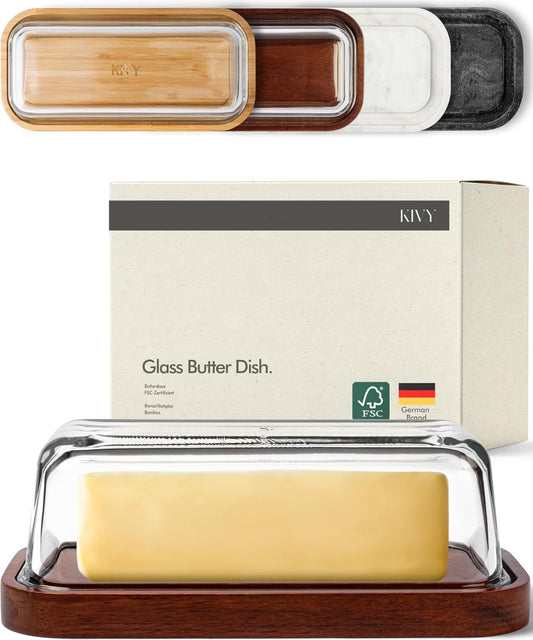 KIVY Glass butter dish with airtight lid that keeps butter soft - For countertop and refrigerator door shelf - Butter tray fridge - Butter holder for counter - Covered butter dishes with lid