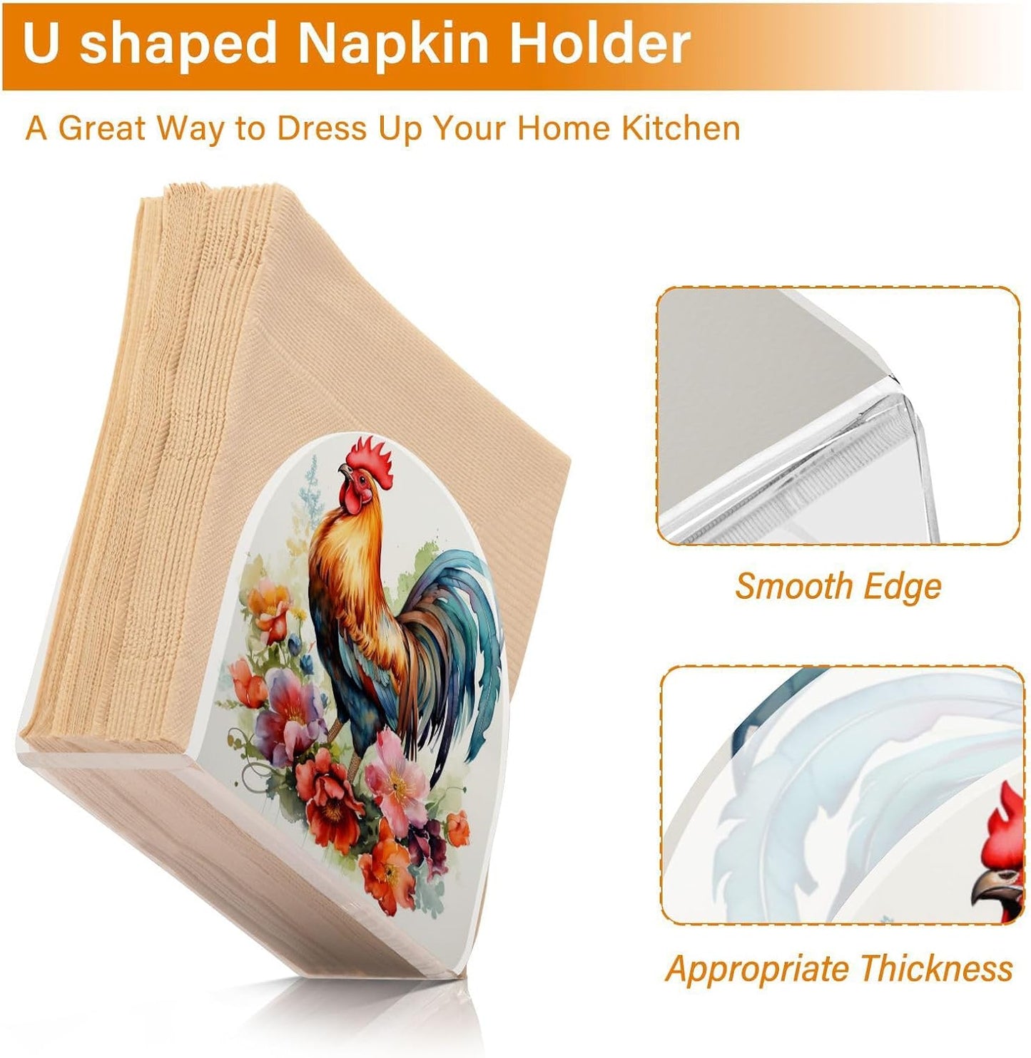 Rooster and Flower Napkin Holder for Table Paper Napkins Holder Acrylic Tissue Dispenser Kitchen Dining Room Bathroom Party Car Decor