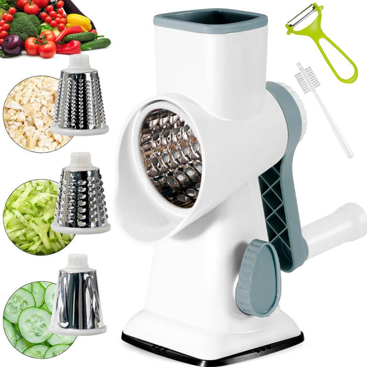 Rotary Cheese Grater Multi-Purpose Stainless Steel Cheese Shredder - Cheese Grater With Handle Effortless Grating of Carrots, Potatoes, Vegetables, and Fruits (White)
