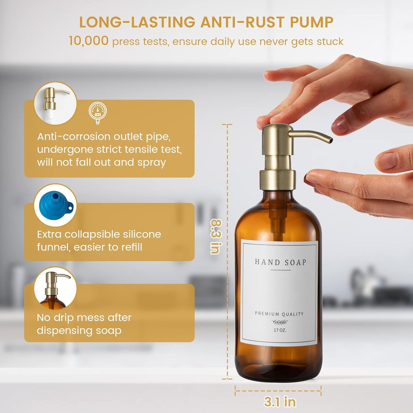 Glass Soap Dispenser for Kitchen, Farmhouse Dish & Hand Soap Dispenser Set, Rustproof Pump Bathroom Soap Lotion Dispenser with Tray, Waterproof Label for Kitchen Decor(Amber