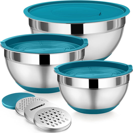P&P CHEF Mixing Bowl with Lids Set of 3, Stainless Steel Nesting Salad Bowls for Serving Preparing, 3 Grater Attachments & Non-Slip Bottoms, Size 1.5/2.6/4.6 QT, Blue