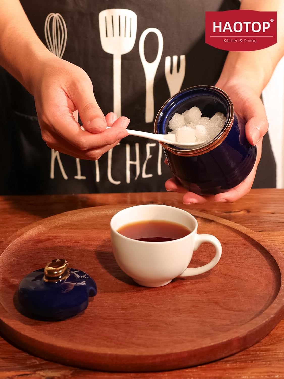 HAOTOP 12oz Sugar Bowl with Lid and Spoon,Simple Ceramic Sugar Jar Sugar Container Sugar Dispenser Coffee Bar Accessories, Modern Kitchen Countertop Canisters (Navy)