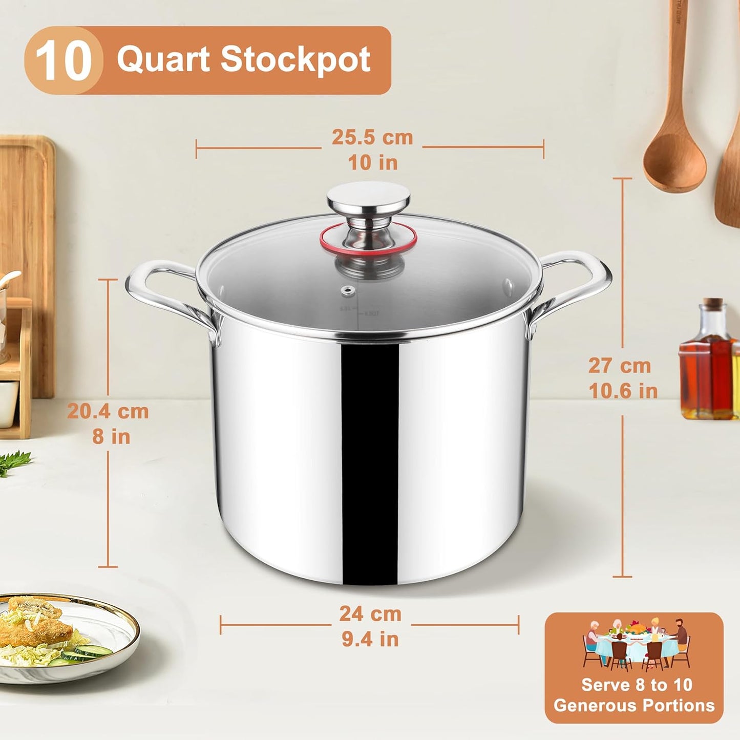 Herogo 10 Quart Stock Pot, 18/10 Stainless Steel Large Cooking Pot with Lid, 10 QT Metal Pasta Stockpot for Chicken Soup, Tri-ply Big Stockpot for Induction Gas Electric Stove, Dishwasher Safe