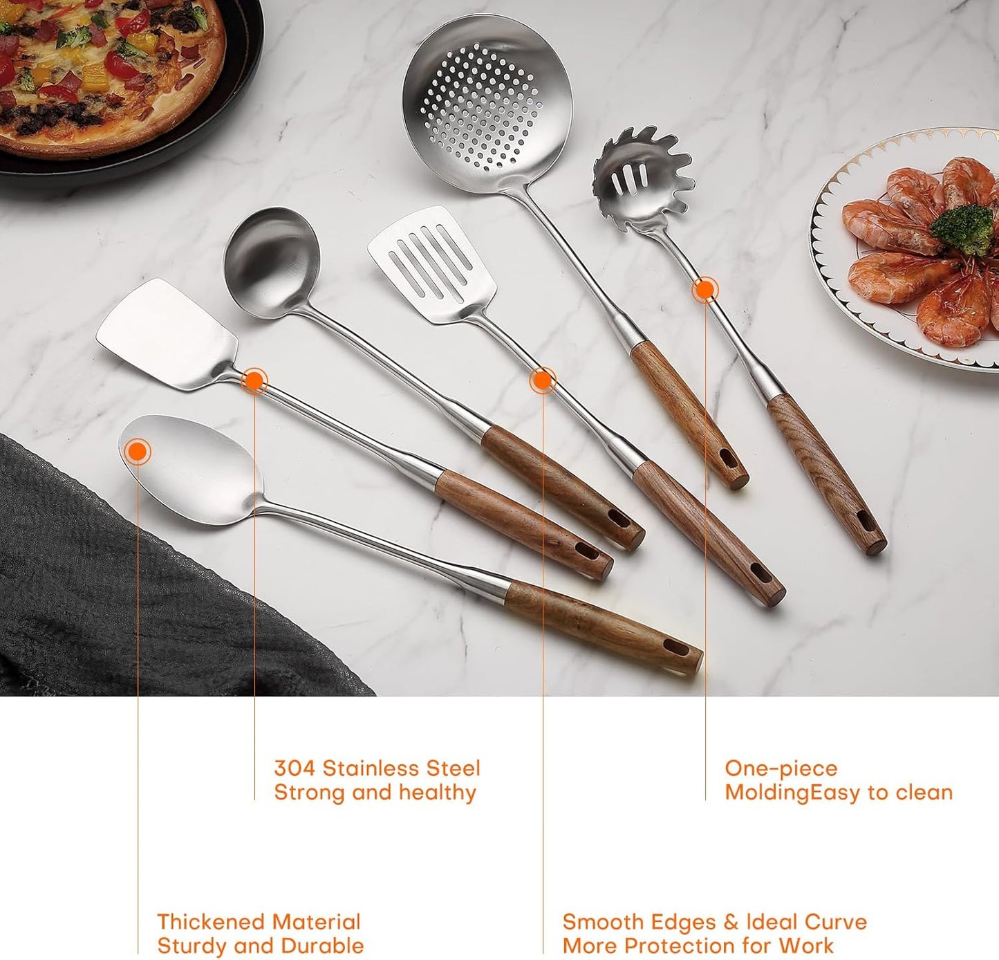 Lazycorner 304 Wooden Handle Stainlss Steel Kitchen Utensils Set 6 Pcs Cooking Utensils Set Heat Resistant Wooden Handle Kitchen Tools, Stainless Steel Wok Spatula