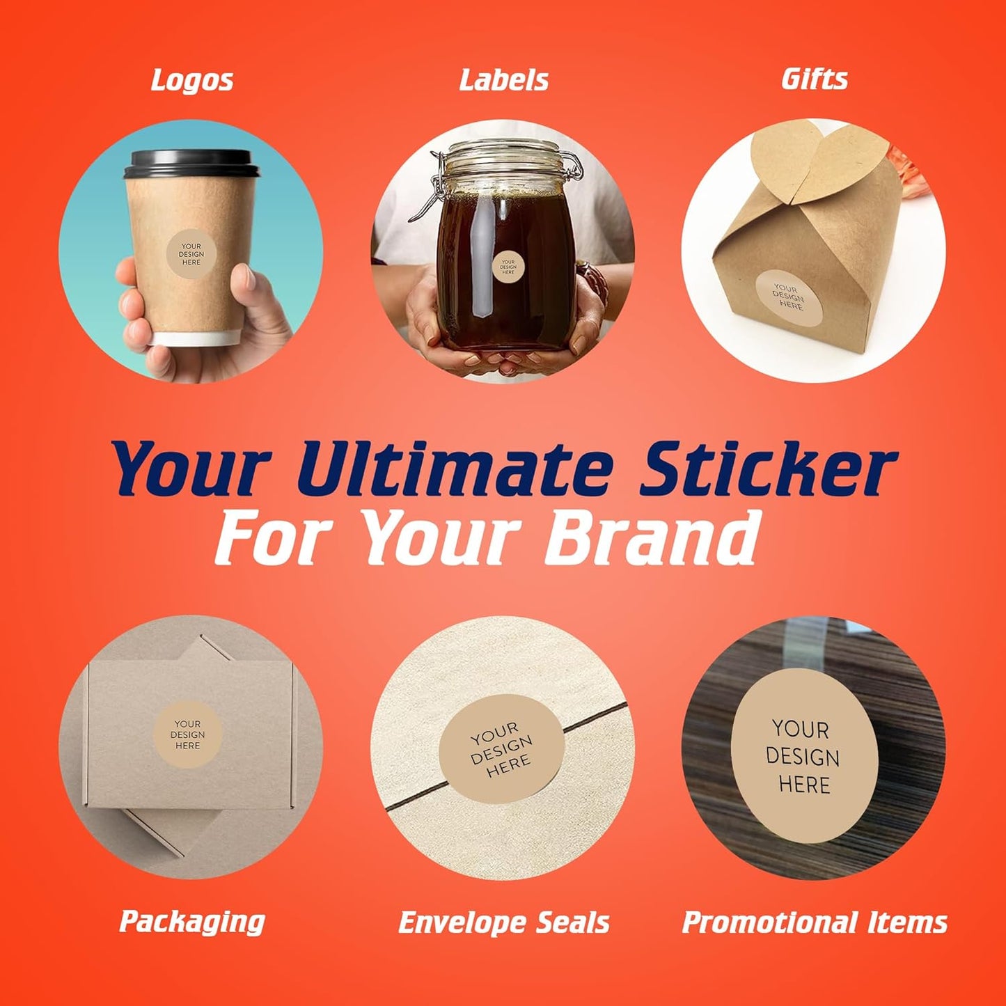 100 Custom Vinyl Stickers - Upload Your own Image, Text, Design, Logo - Personalized Logo Labels for Handmade, Packaging, Bottle, Jars, Candle, Brand Stickers (Brown, 1x1)