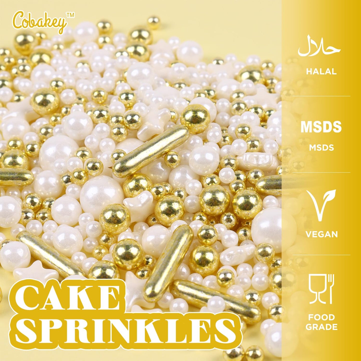 White Deluxe Gold Sprinkles for Cake Decorating 4.23ounce - Sugar Mix Contains Star & Pearl Sprinkles for Cupcake Toppers, Ice Cream, Candy, Cookie Decorations - Holiday Party Supplies