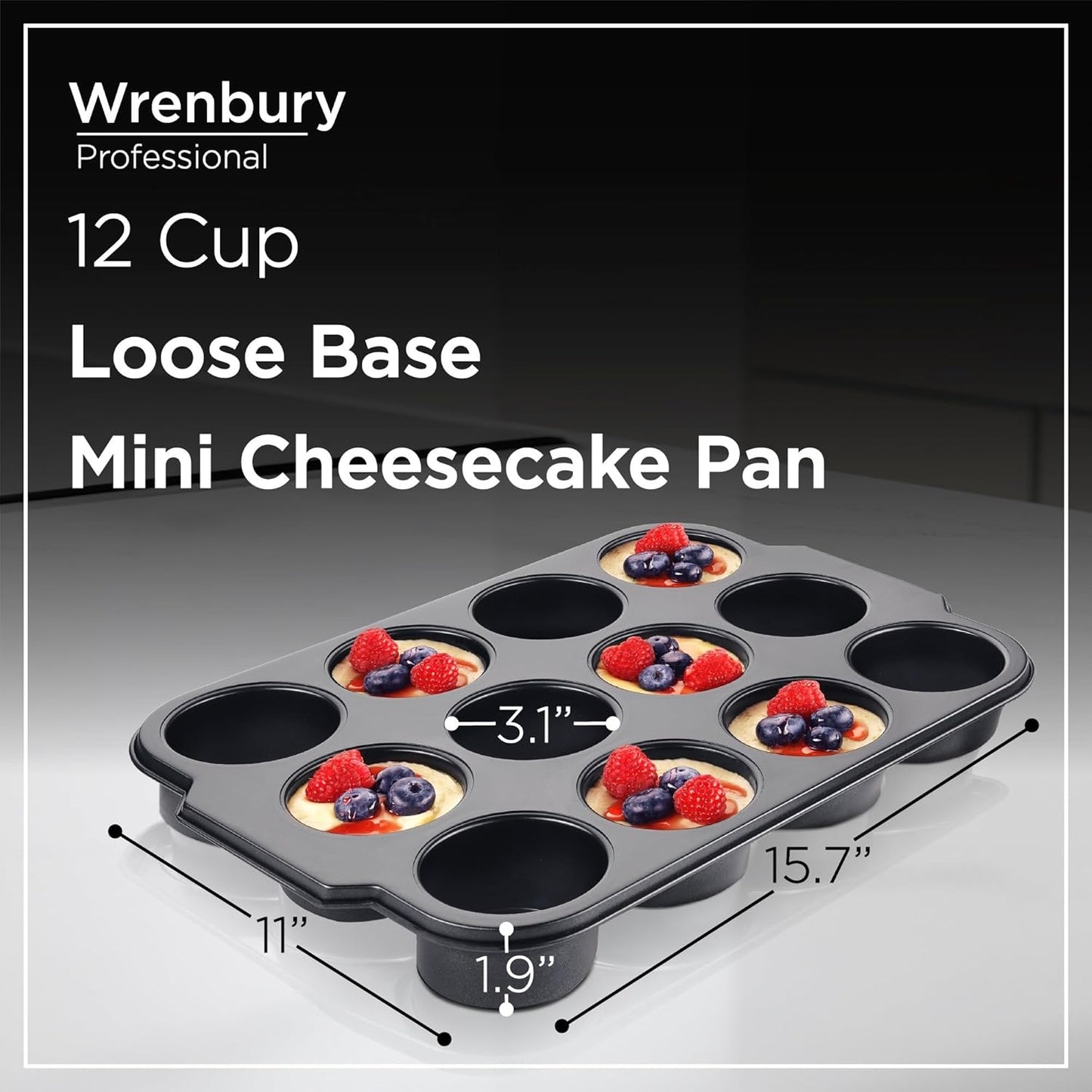Wrenbury Pro Mini Cheesecake Pans Removable Bottom 12 Hole - Heavy Gauge Carbon Steel Muffin Cupcake Pan Loose Bottom Springform for Baking - 3 Inch Individual Cheesecakes Tin - PFOA Free