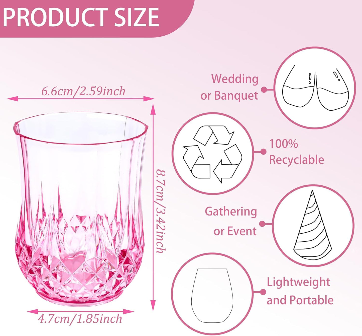 12 PCS Pink Stemless Wine Glasses，Colored Plastic Reusable Cups 9OZ Vintage Drinking Glasses Tumblers for Whisky, Beer, Juice, Beverages, Cocktai