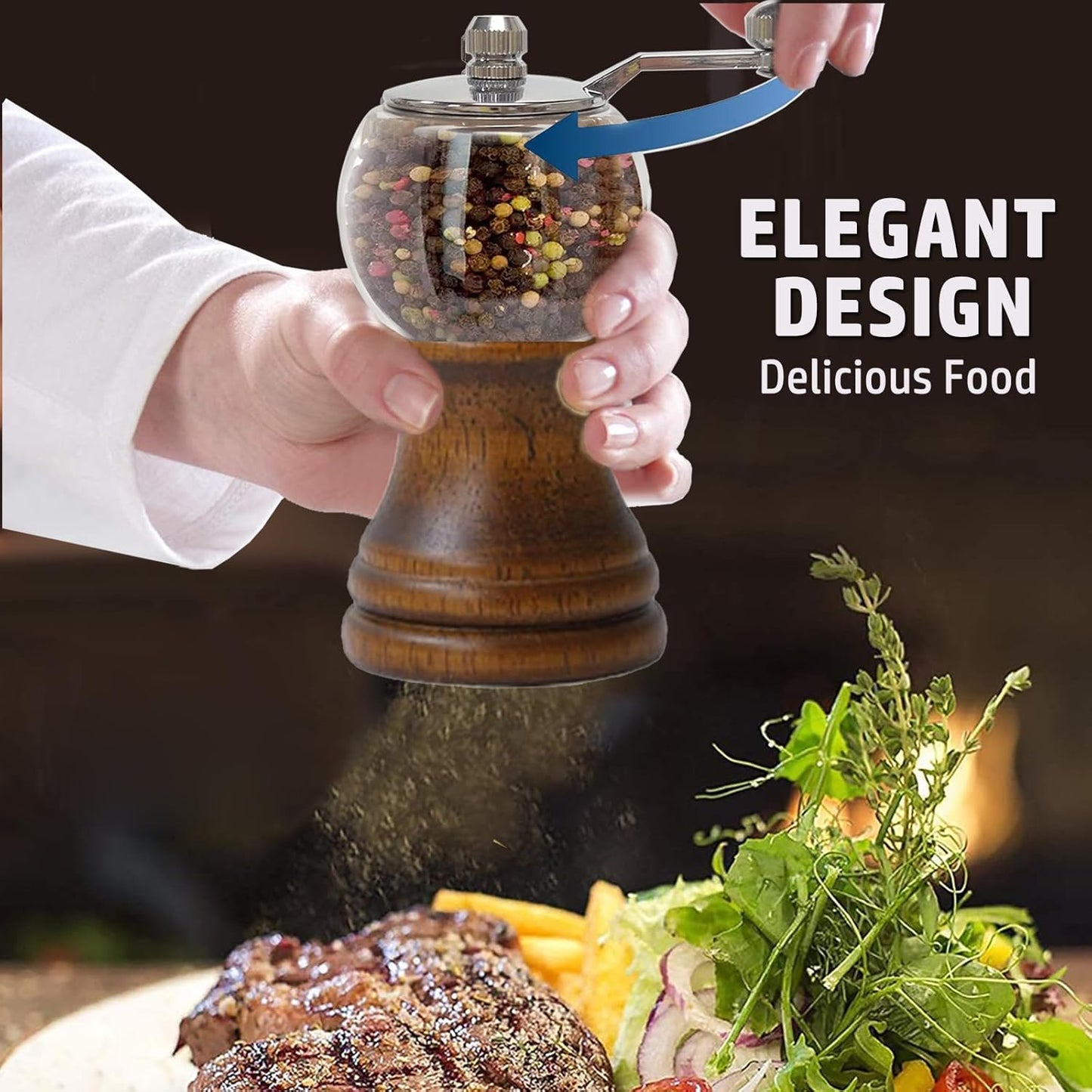 Pepper Mill Set，Manual Pepper Mills, Classical Roast Black Manual Pepper Grinder Set，Hand Shake Salt Mill，Retro Wood， Acrylic，Ceramic Blades,Enjoy Fresh Pepper Spices (Walnut color 2pcs-5in)