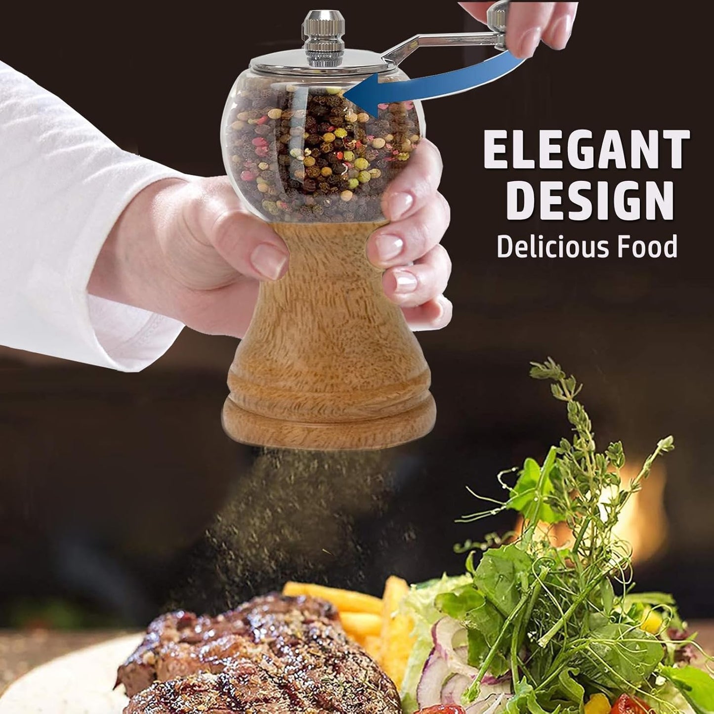 Pepper Mills Set Classical Hand Shake Wood Pepper Grinder Set Salt Mills 2pcs-6in, Wooden Acrylic Ceramic Blades Upgrade Metal Handle, Enjoy Fresh Ground Pepper Various Spices