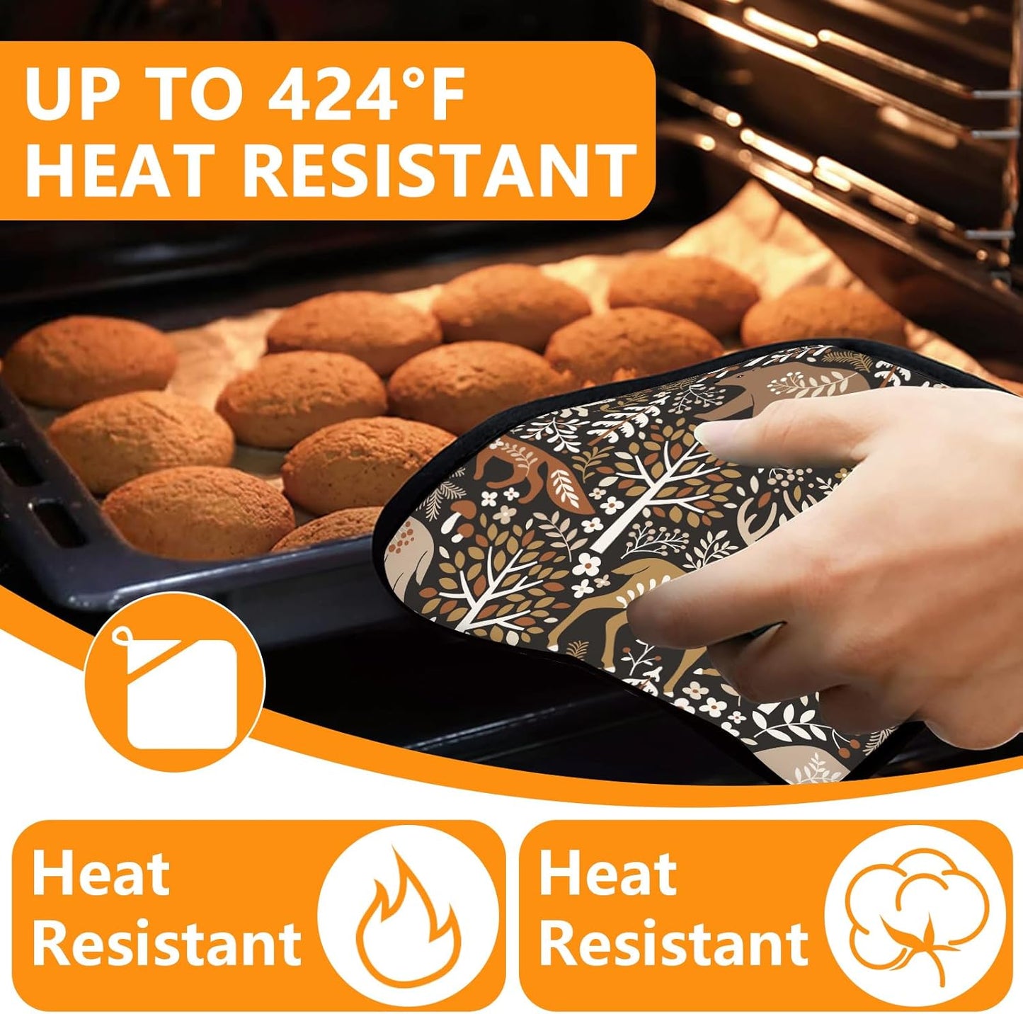 Bear Deer Oven Mitts and Pot Holders Sets 4Pcs,Extra Long Oven Gloves Potholder for Kitchen Cooking Baking BBQ 100% Cotton Heat Resistant