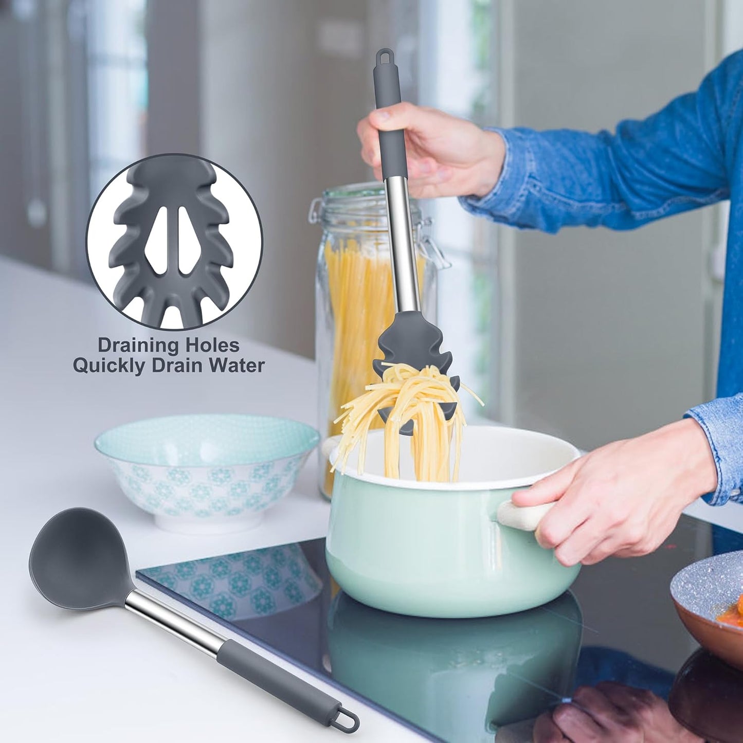 TeamFar Silicone Kitchen Utensils, 2 Pcs Large Nonstick Soup Ladle and Pasta Fork for Cooking Mixing Serving Soup, Sauce, Spaghetti, Eggs, Non-Toxic & Heat-Proof, Dishwasher Safe, Light Grey