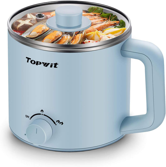 Topwit Hot Pot Electric, Electric Pot, 1.6L Ramen Cooker, Multifunctional Cooker for Pasta, Shabu-Shabu, Oatmeal, Soup and Egg with Over-Heating Protection, Boil Dry Protection, Blue