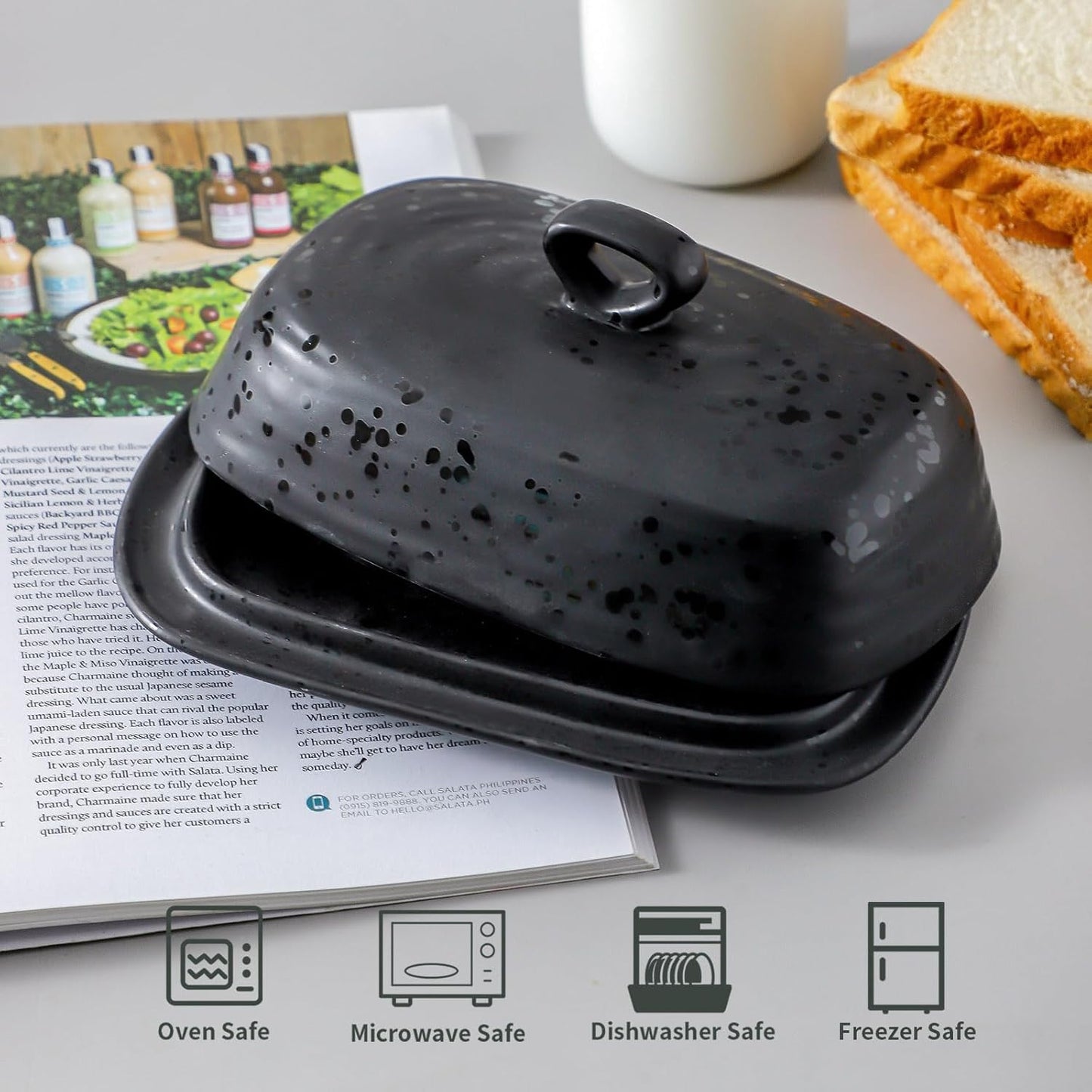 Hasense Porcelain Butter Dish, Large Butter Dish with Lid, Butter Holder with Cover, Butter Containe for West East Coast Butter, Modern Kitchen Decor, Wedding, Housewarming Gift, Black