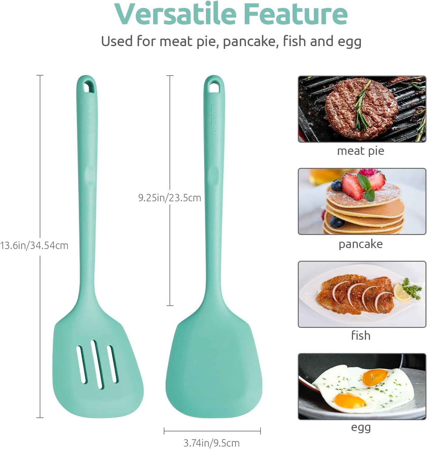 U-Taste 600ºF Heat Resistant Silicone Turners: 13.6in Long Solid & Slotted Kitchen Spatula Flipper, Wide and Large Flexible Cooking Utensil for Flipping Egg, Pancake, Cookie (Aqua Sky, 2PCS)